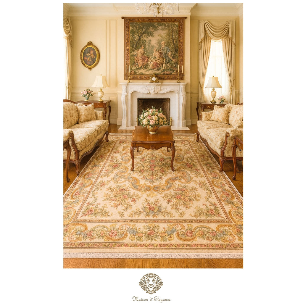 Decorative living room with a large patterned rug, furniture, and wall art.