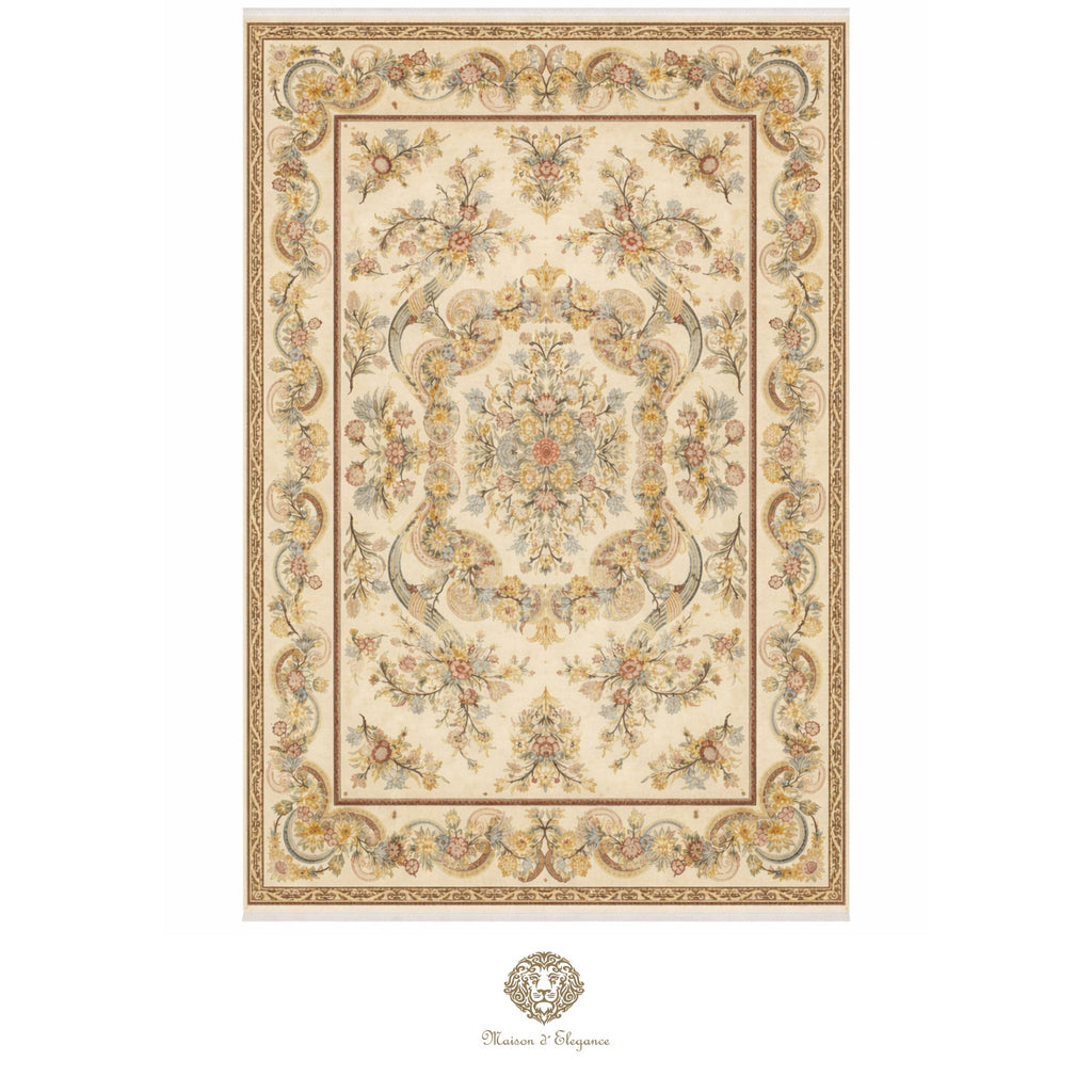 Decorative rug with intricate patterns on a white background