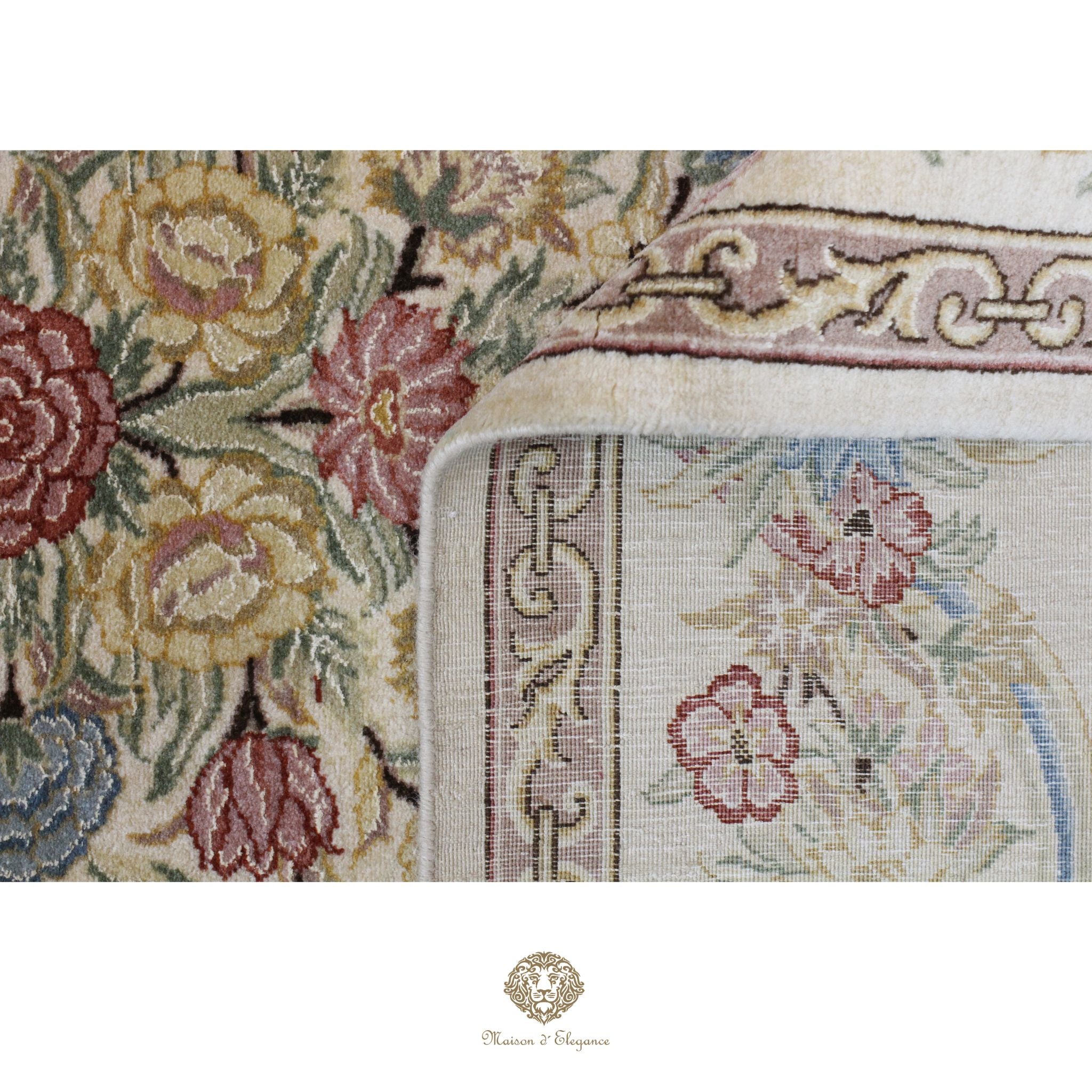 Close-up of a floral patterned rug with intricate designs.