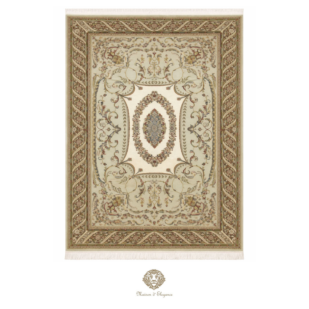 Decorative rug with intricate patterns on a green background