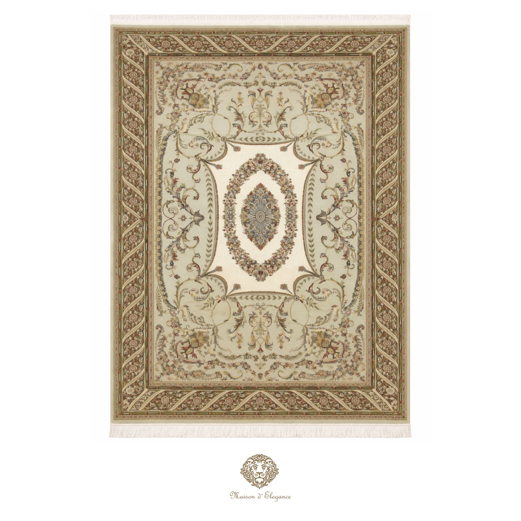 Decorative rug with intricate patterns on a green background