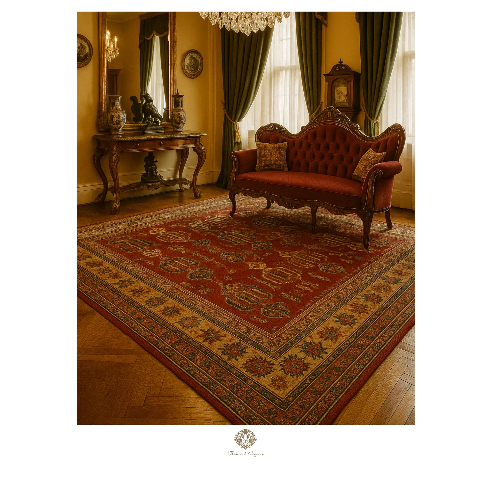 Victorian-style living room with a red sofa and patterned rug.
