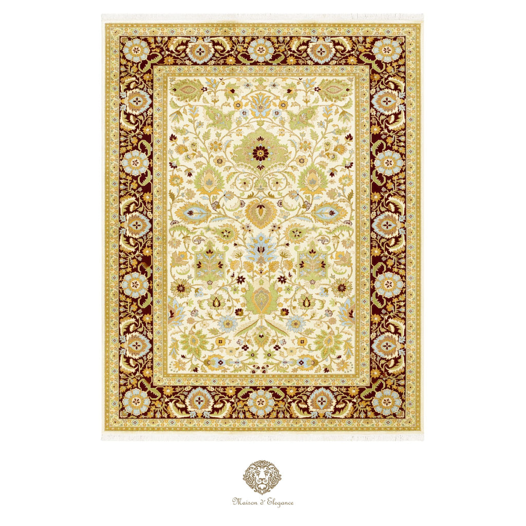 Decorative rug with intricate floral pattern on a white background