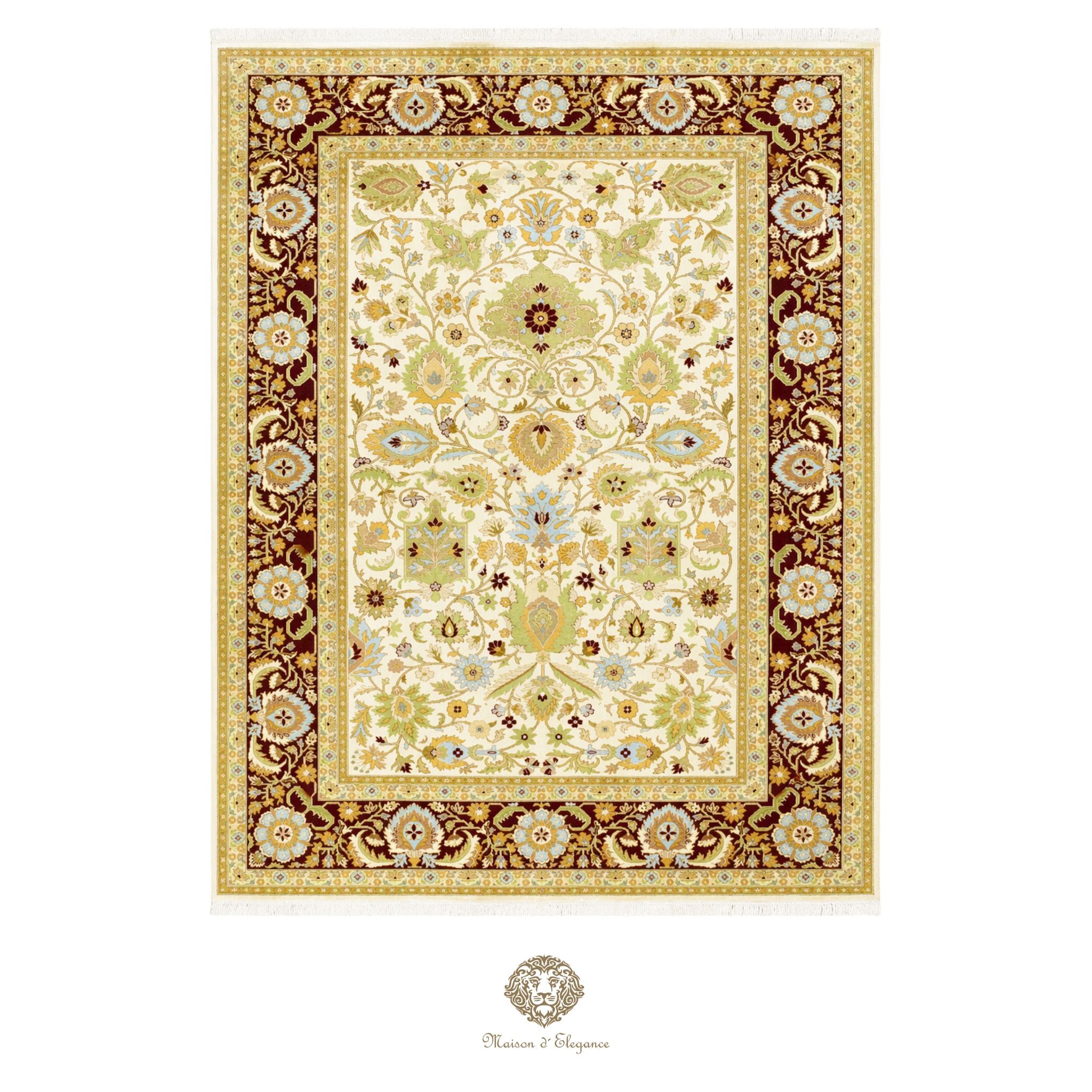 Decorative rug with intricate floral pattern on a white background