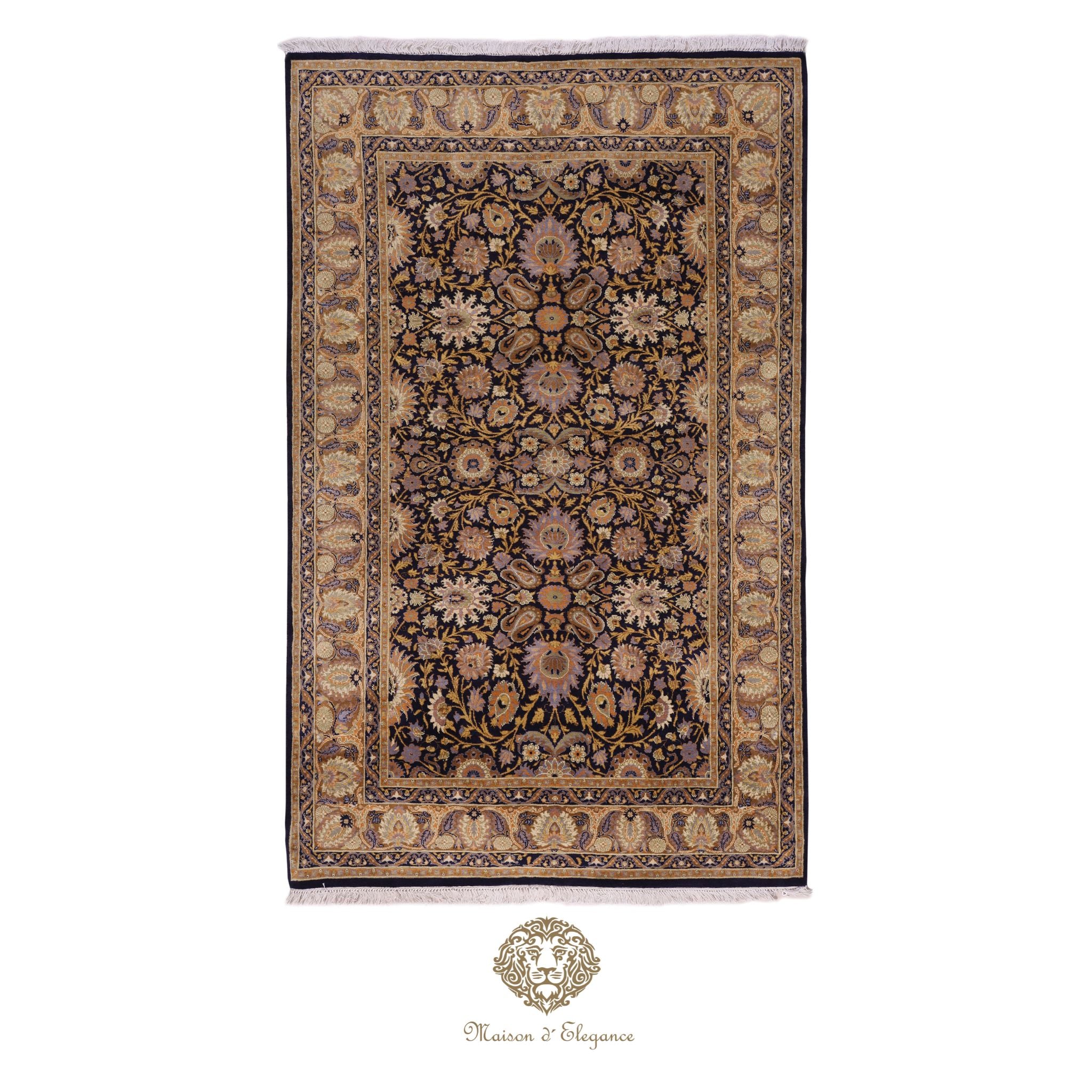 Decorative rug with intricate patterns on a navy background, featuring the brand 