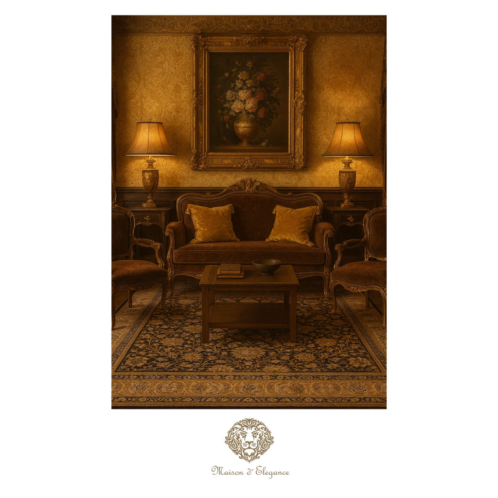 Luxurious living room with ornate furniture and wall art, featuring a brand logo at the bottom.