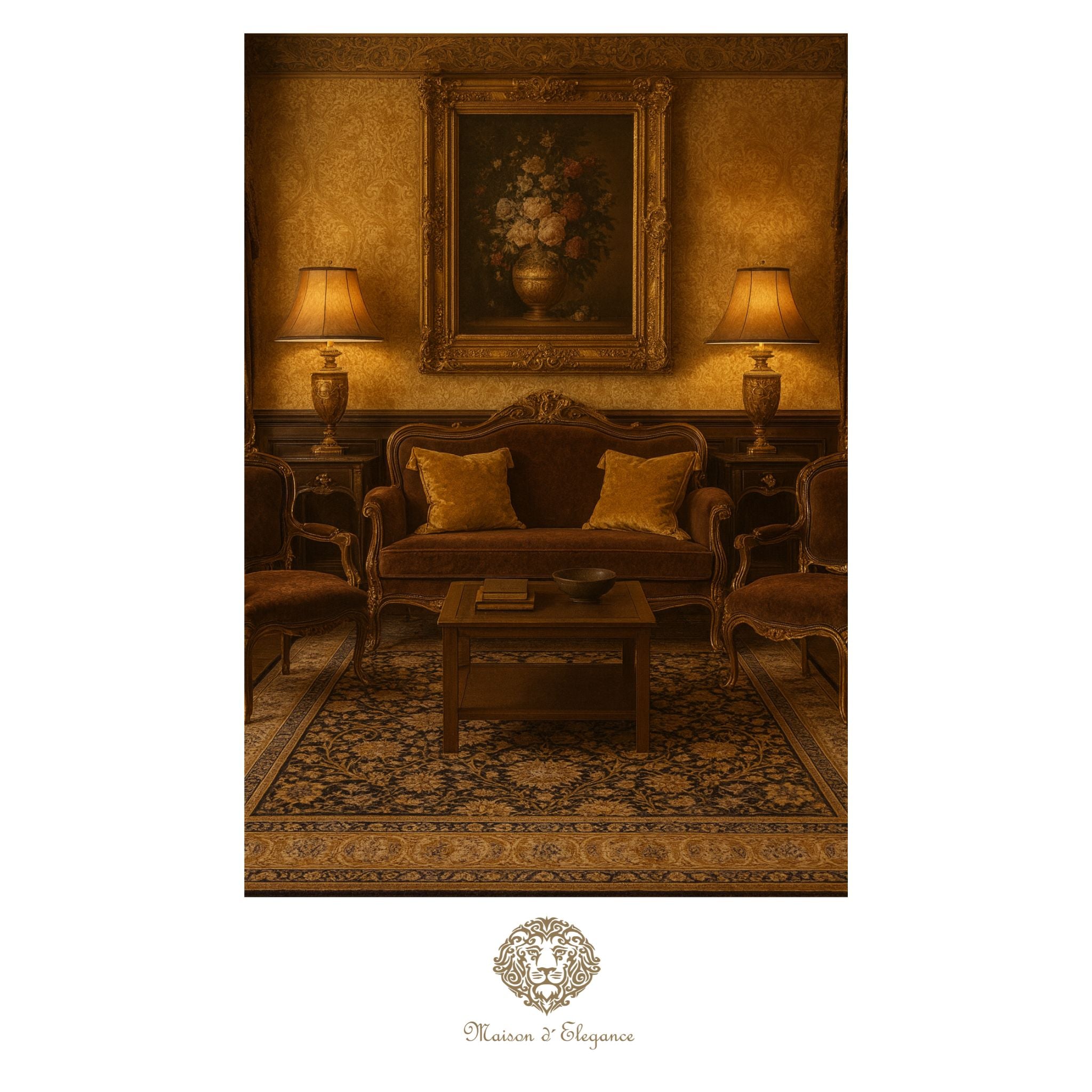 Luxurious living room with ornate furniture and wall art, featuring a brand logo at the bottom.