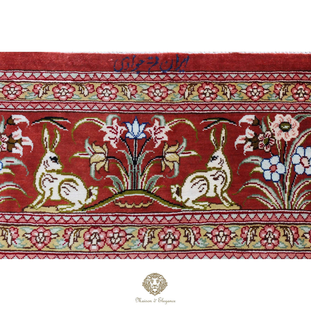 Alfombra persa exclusiva de seda pura - Obra maestra anudada a mano con tintes naturales, firmada, 98 x 156 cm, diseño de caza.