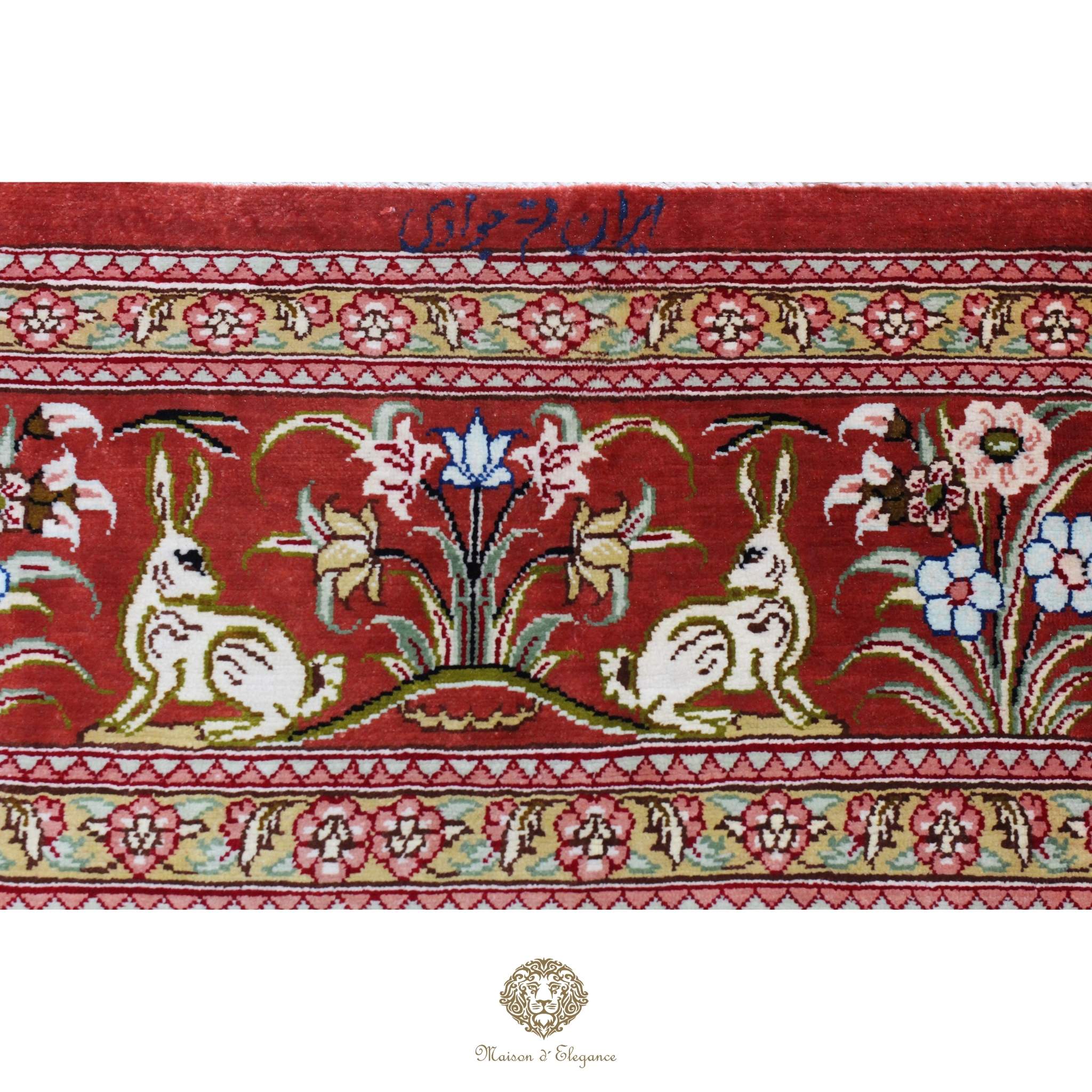 Alfombra persa exclusiva de seda pura - Obra maestra anudada a mano con tintes naturales, firmada, 98 x 156 cm, diseño de caza.