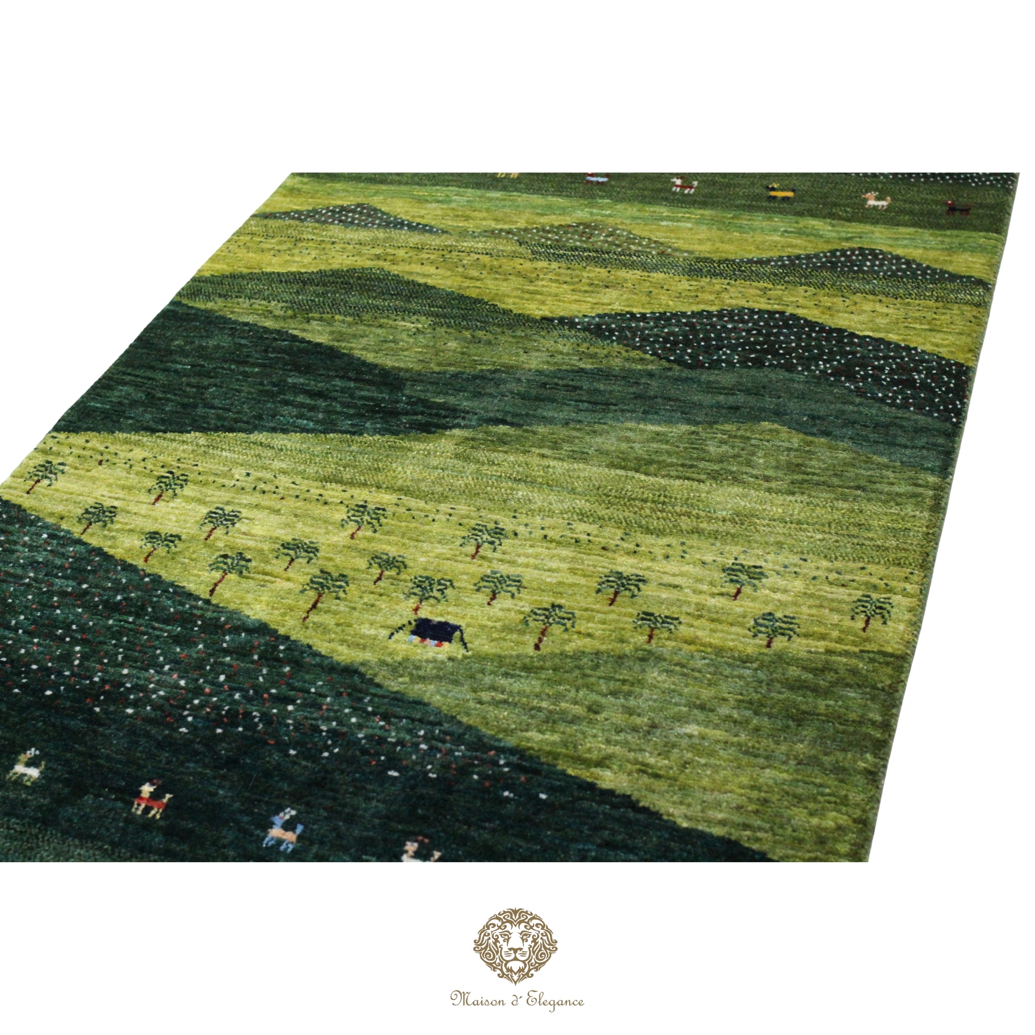 Green patterned rug with a landscape design featuring trees and animals.