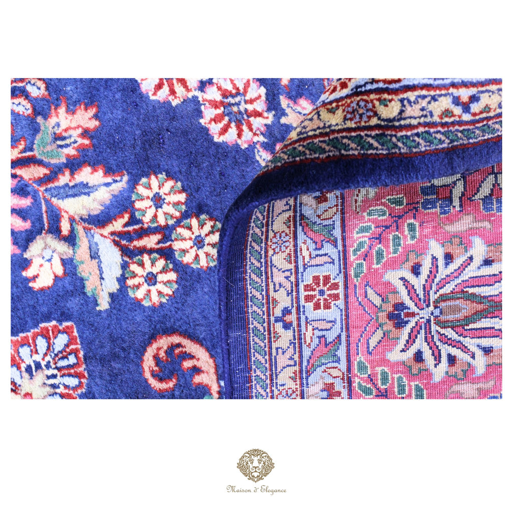Alfombra de lana estilo KSarough de la India | Alfombra oriental con diseño floral integral en tonos azul marino 238 x 302 cm