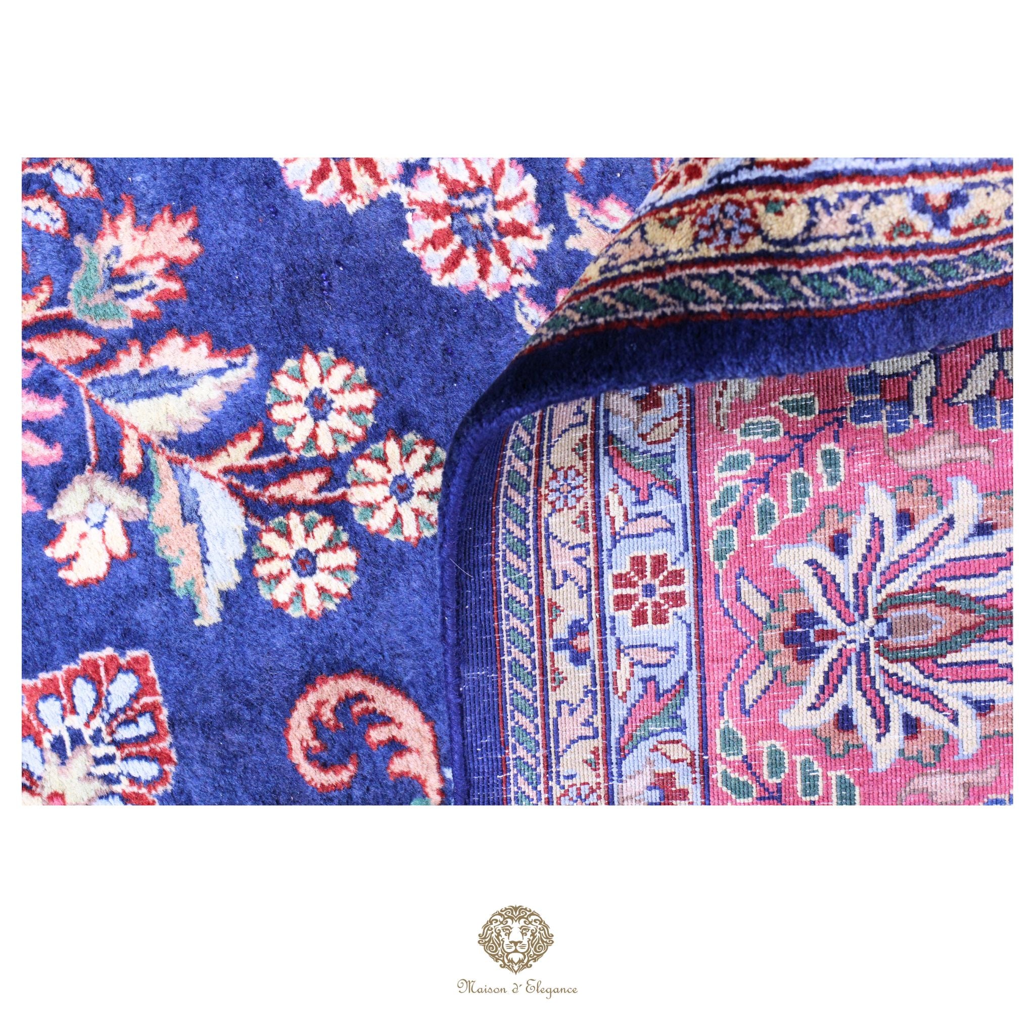 Alfombra de lana estilo KSarough de la India | Alfombra oriental con diseño floral integral en tonos azul marino 238 x 302 cm