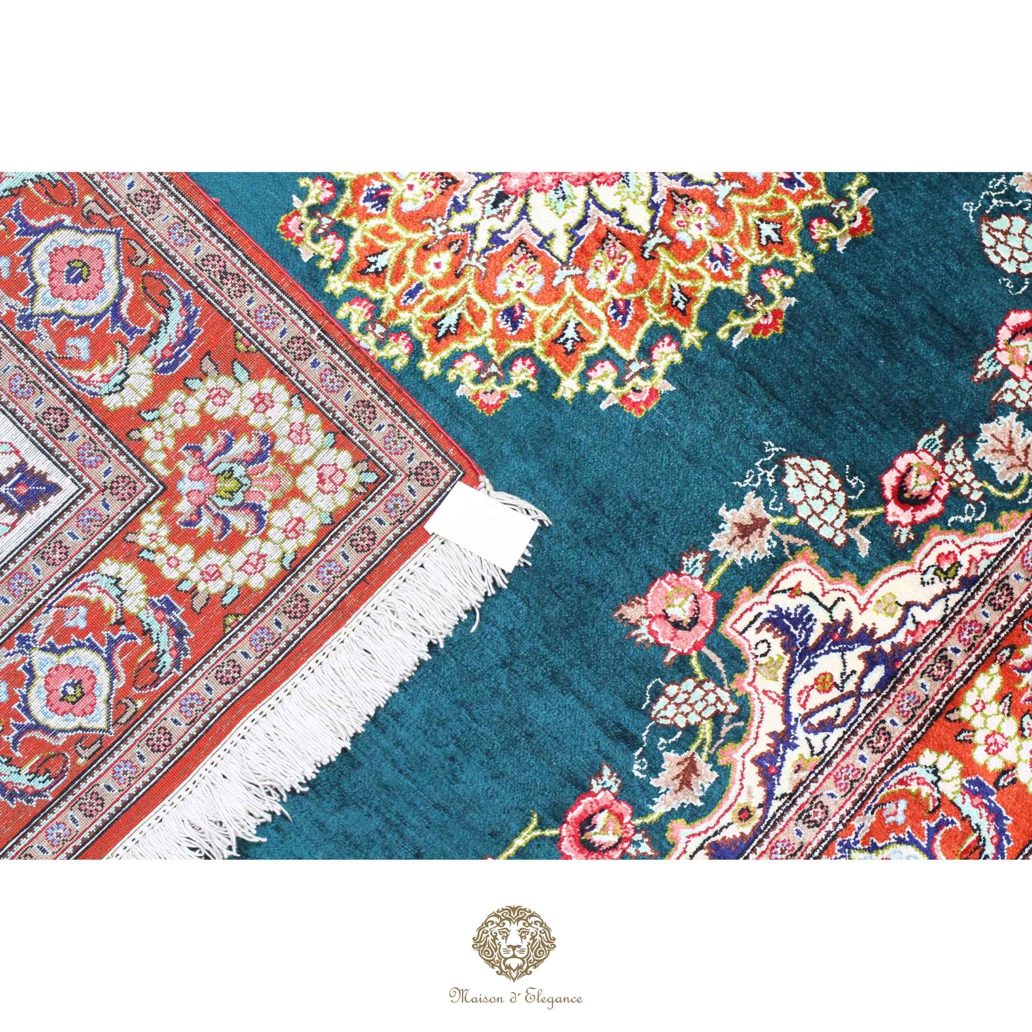 Alfombra persa exclusiva de seda pura, anudada a mano, teñida de forma natural, obra maestra de alta gama, firmada, 157 x 98 cm Turquesa