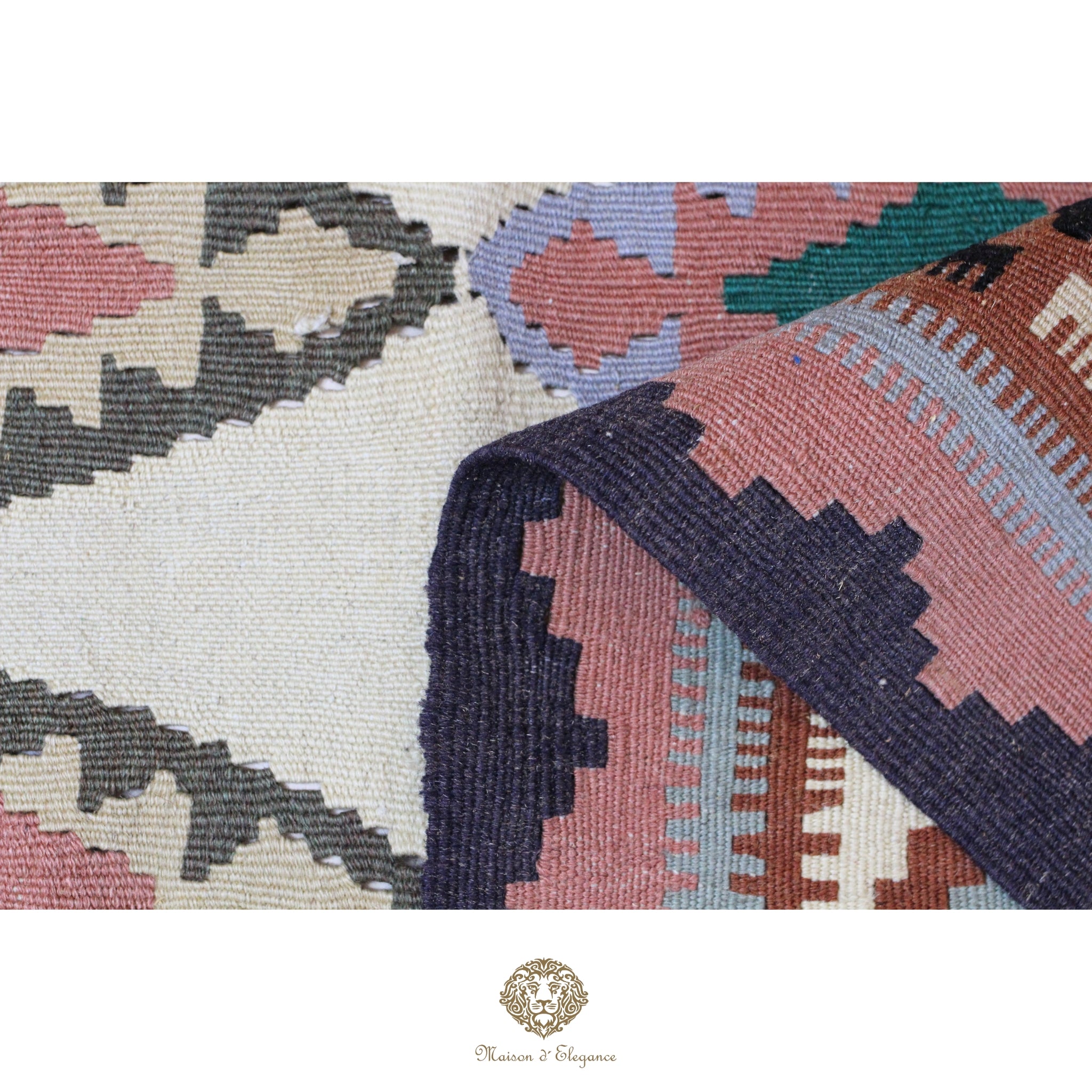 Close-up of a patterned rug with geometric design on a white background