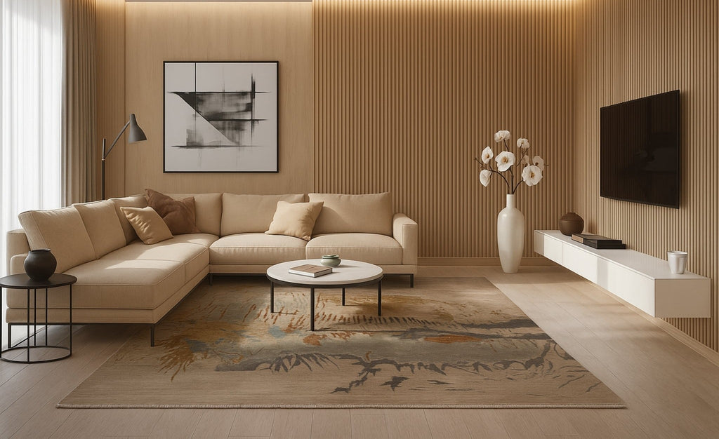 Modern living room with beige sectional sofa, coffee table, and decorative elements.