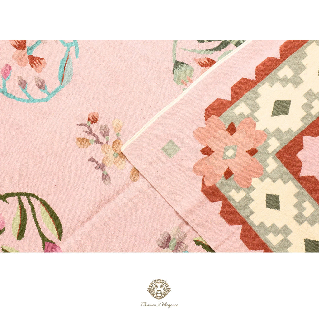 Alfombra Kilim fina, tejido plano, lana color natural | Diseño floral europeo, 274x365 cm Rosa