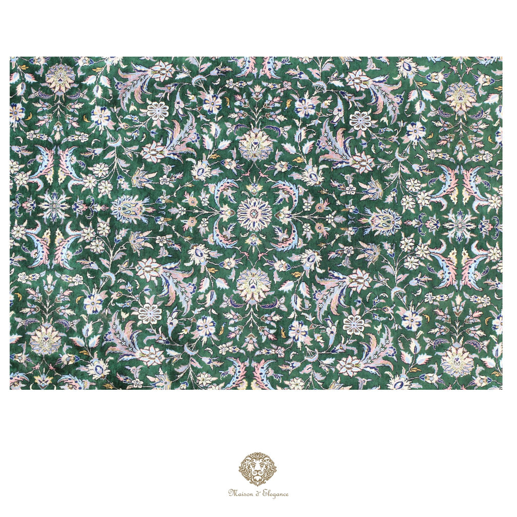 Alfombra de lana estilo Tabriz, superfina color verde marfil con diseño floral | Elegancia 280x390 cm