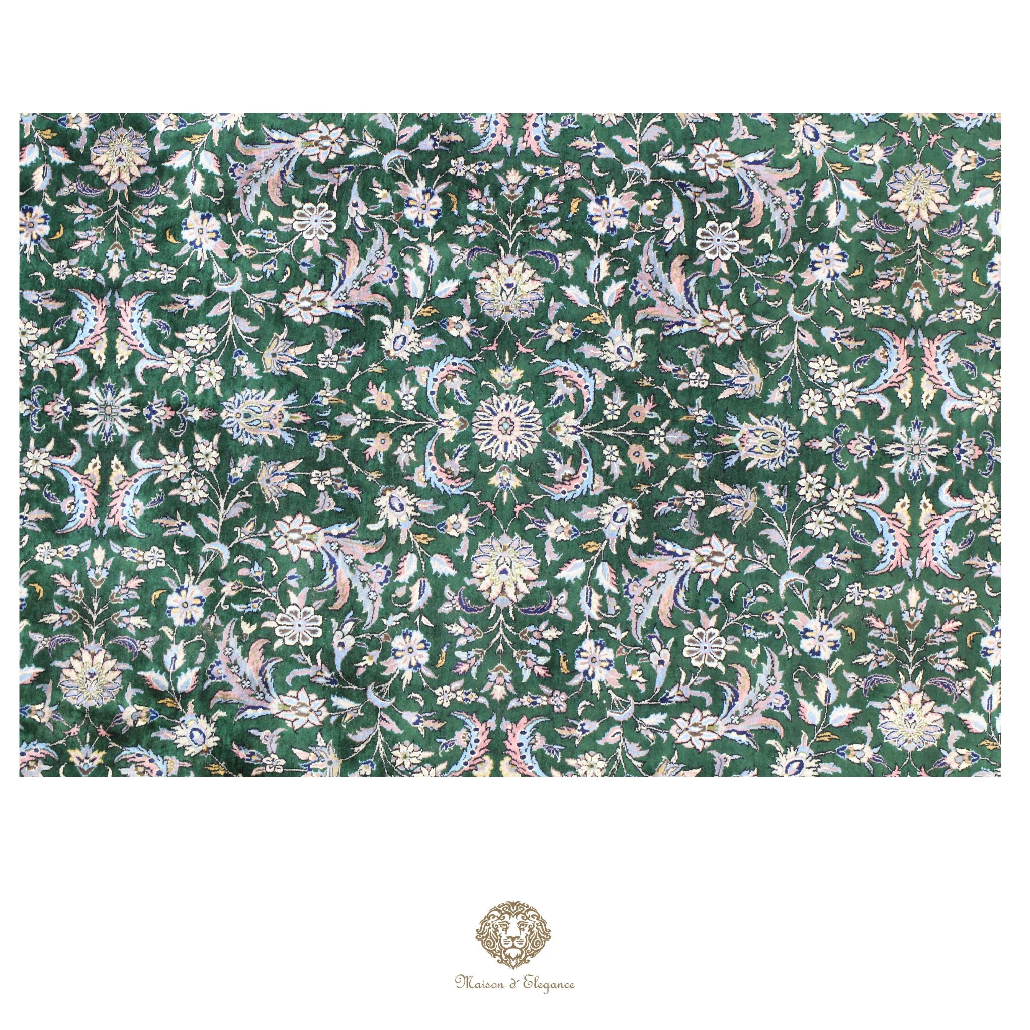 Alfombra de lana estilo Tabriz, superfina color verde marfil con diseño floral | Elegancia 280x390 cm