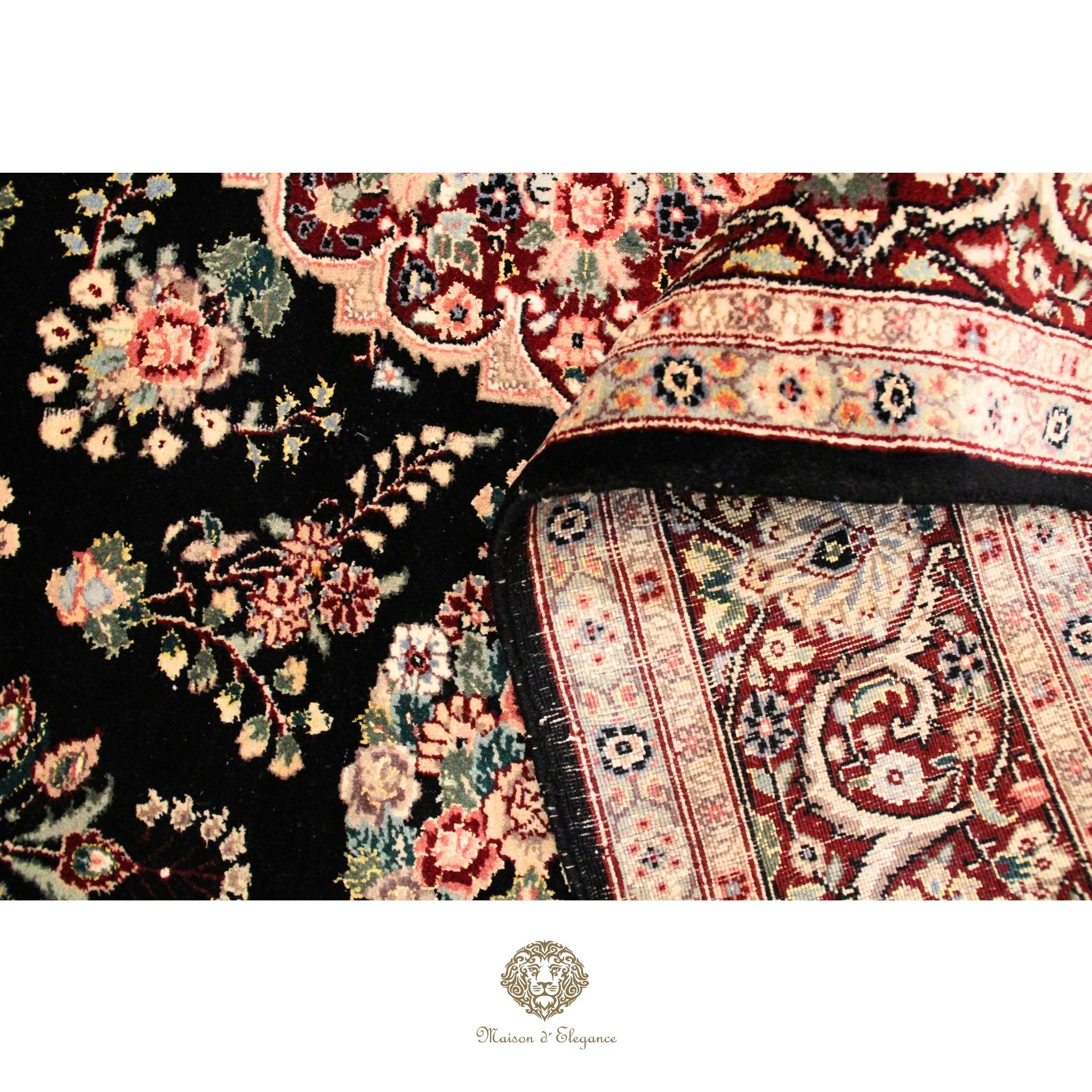 Close-up of a patterned rug with intricate designs on a Brown background