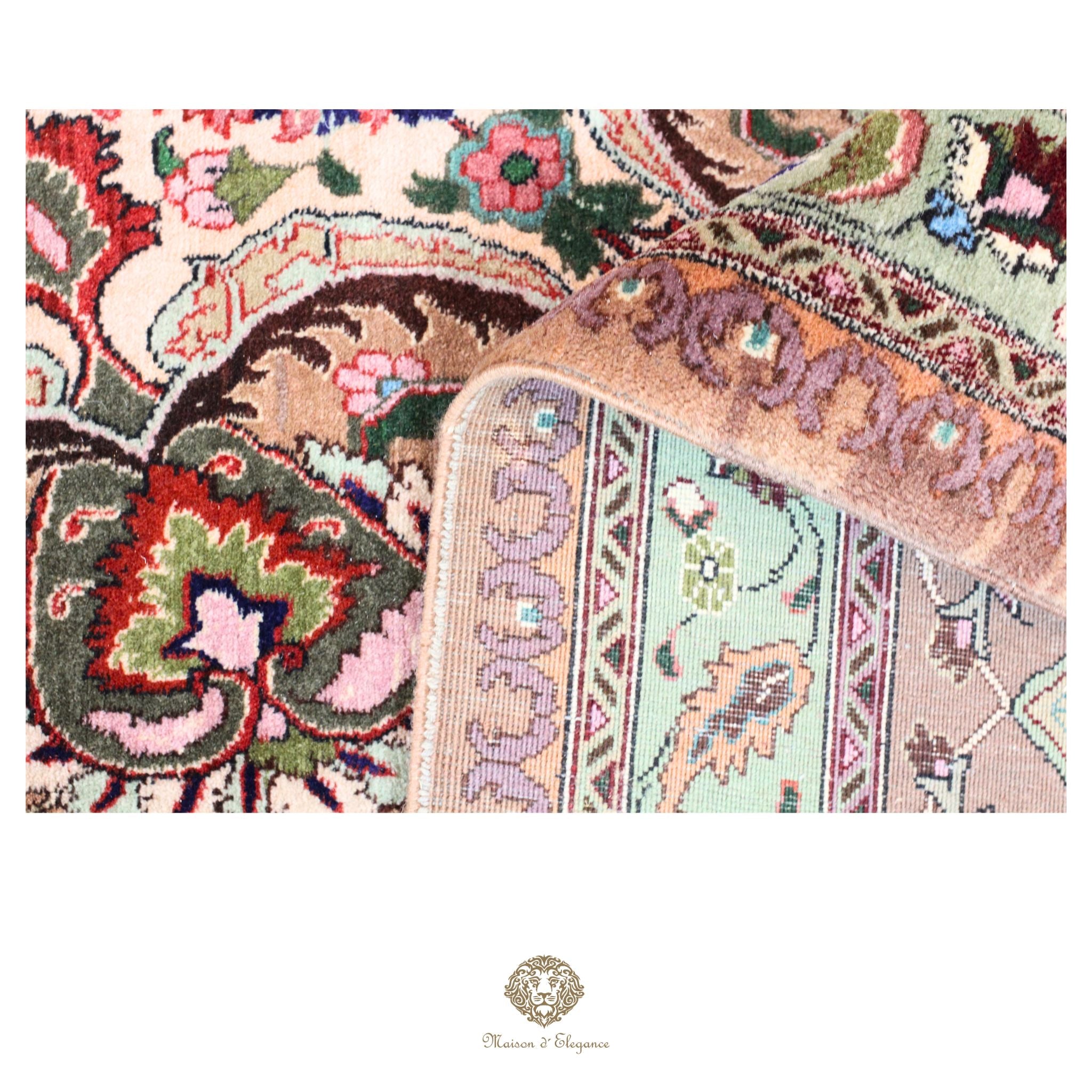 Lujosa alfombra persa de lana Kerman hecha a mano con diseño de medallón floral verde.