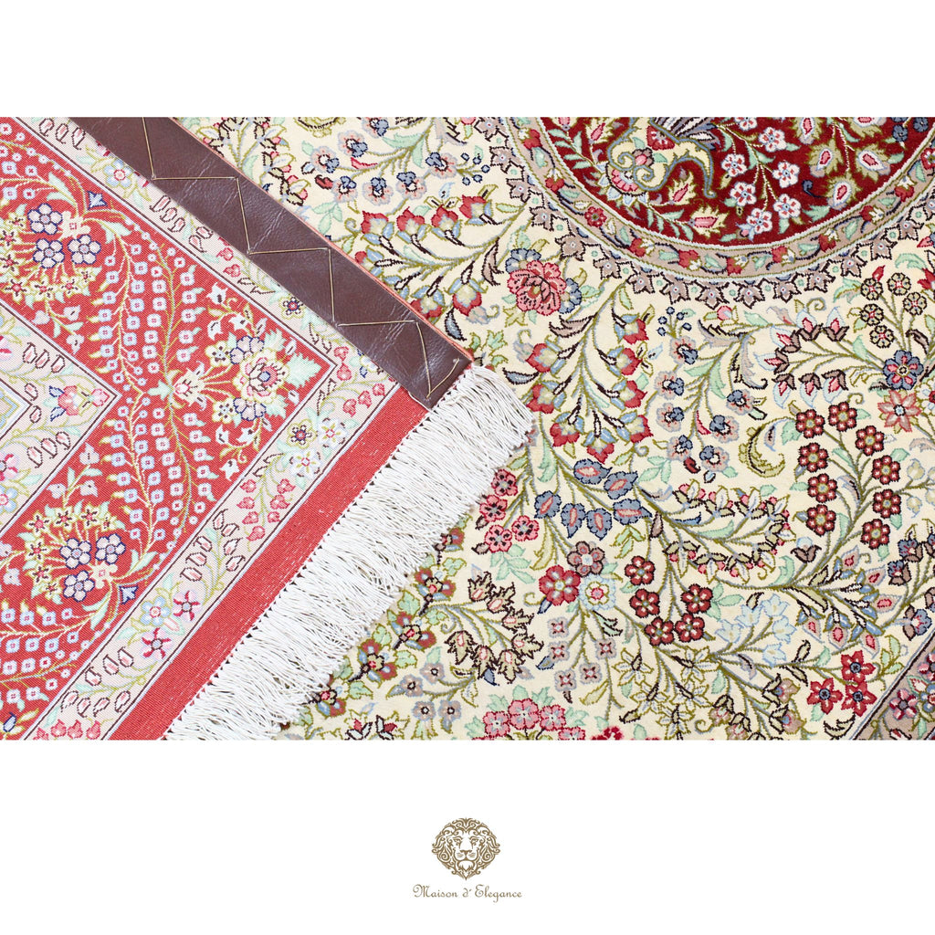 Alfombra persa exclusiva quom de seda pura - Obra maestra anudada a mano con tintes naturales, firmada, 101 x 156 cm, diseño medalion