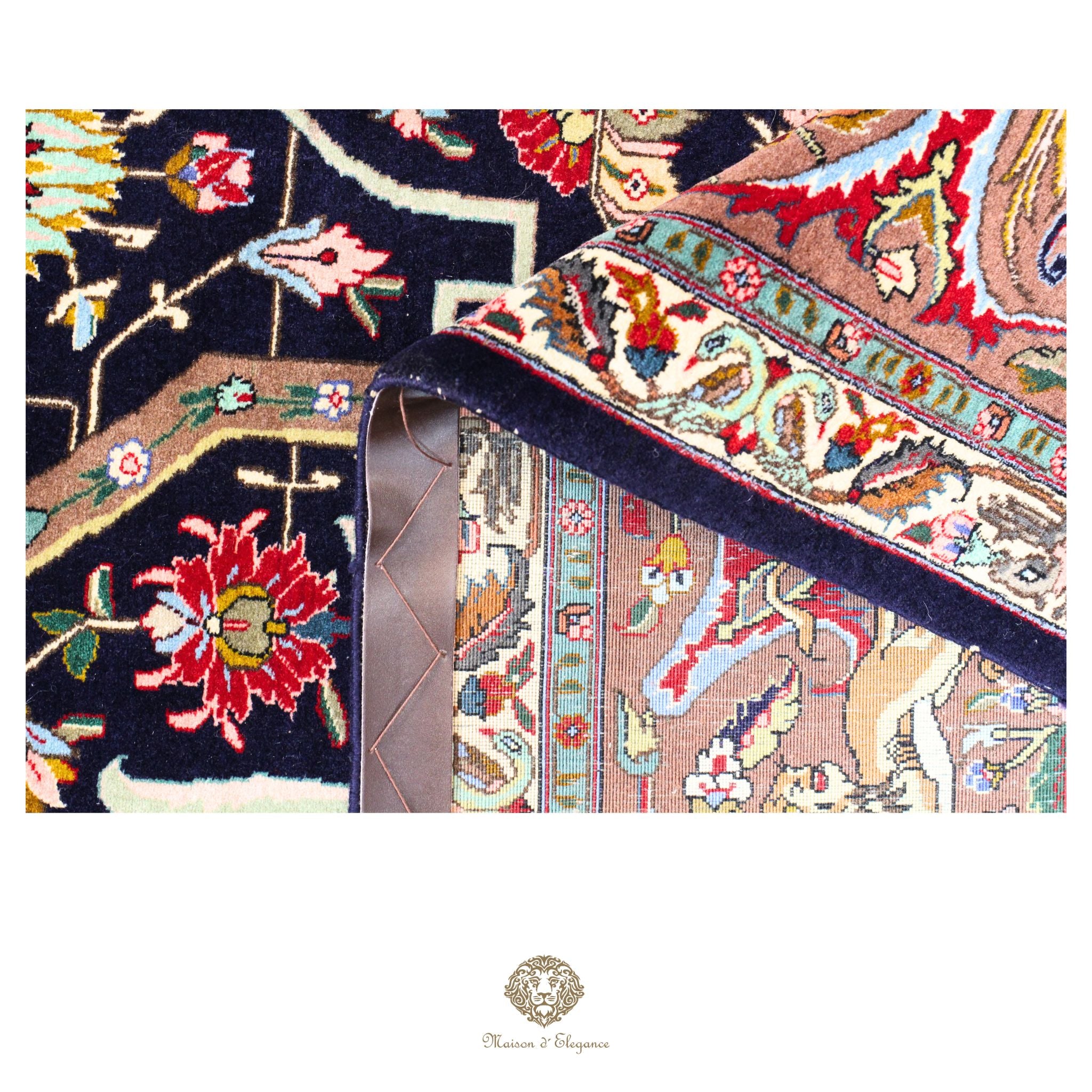 Close-up of two intricately designed rugs with floral and geometric patterns.