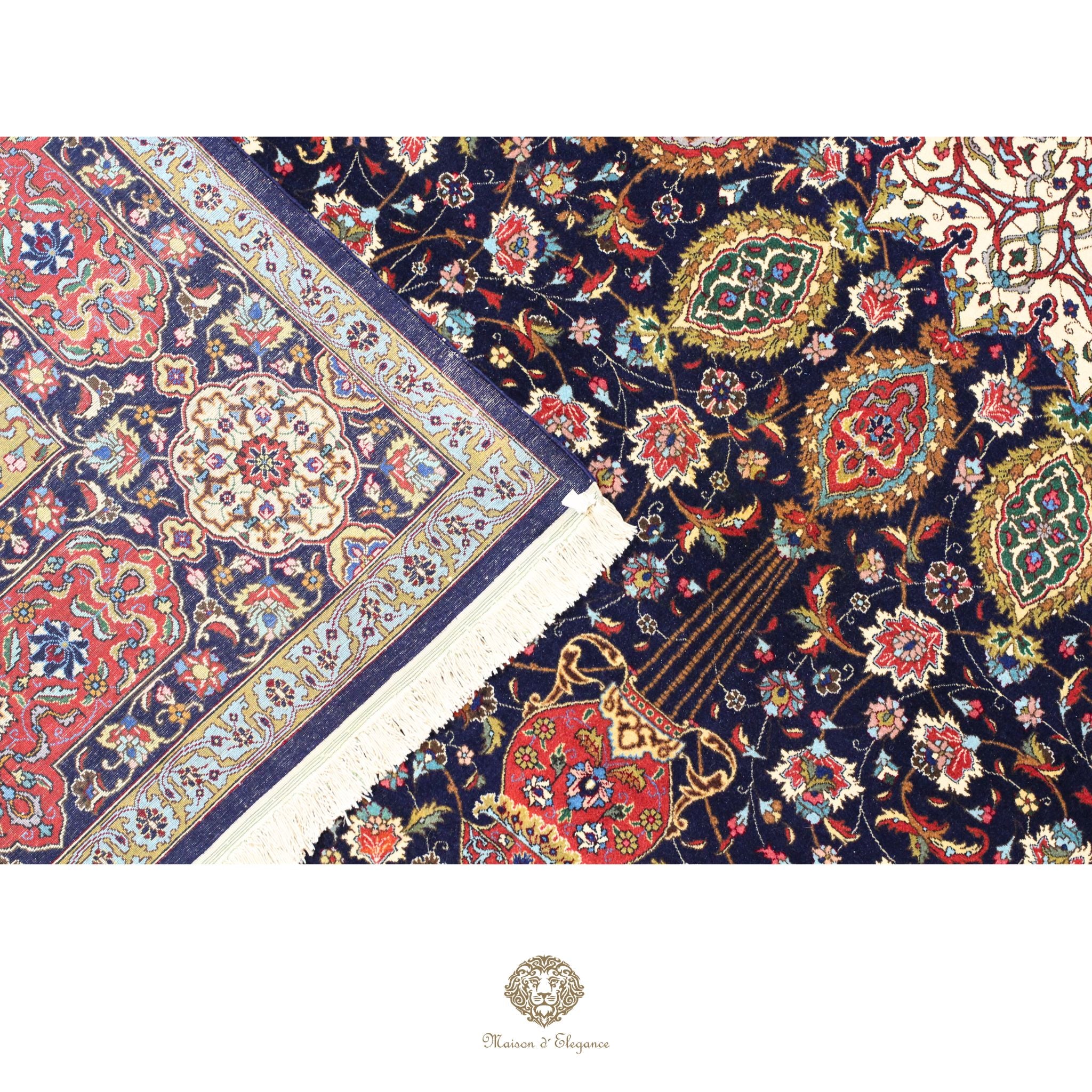 Alfombra persa de lujo Tabriz, anudada a mano, de seda y lana finas | Diseño de medallón floral azul marino, 296 x 427 cm