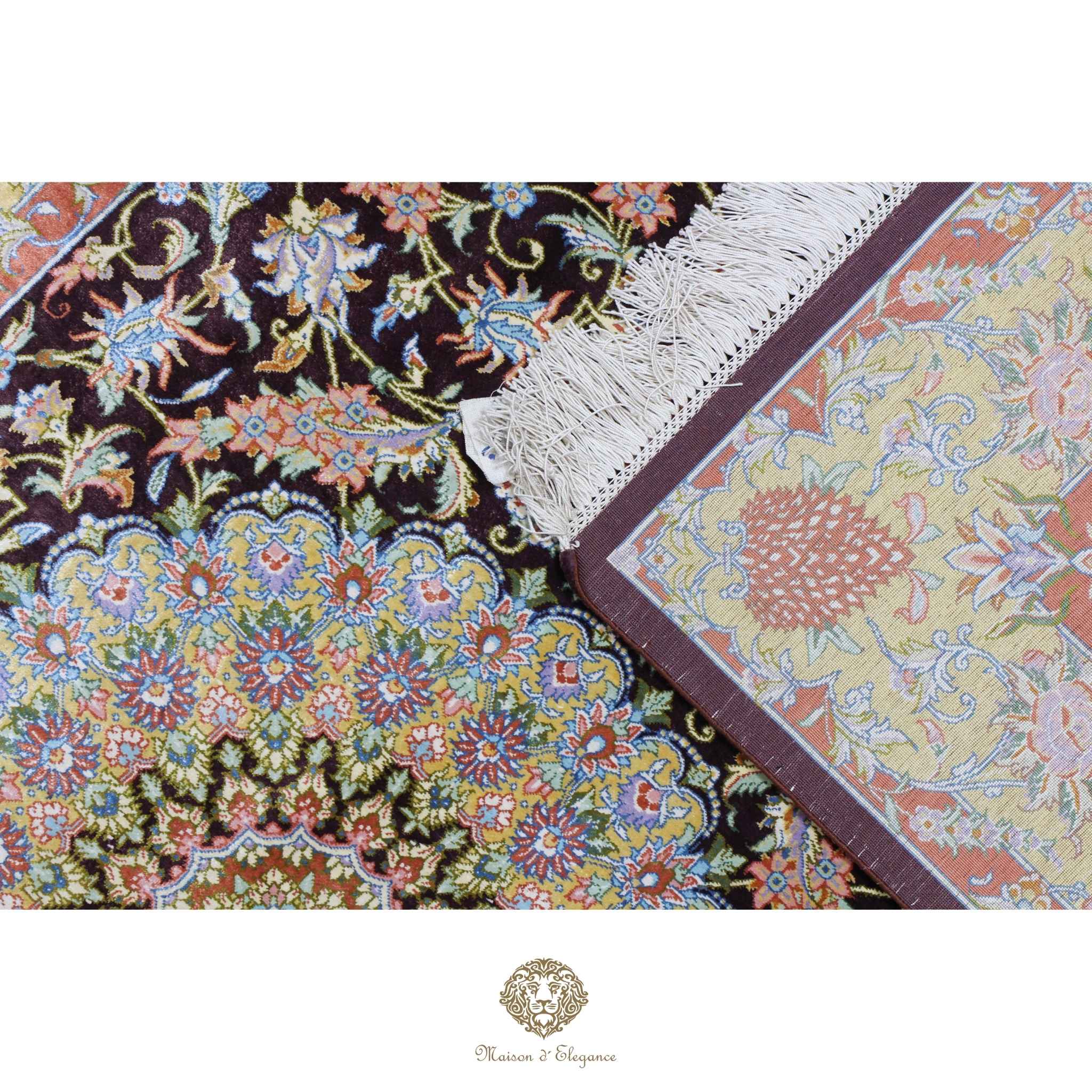 Alfombra persa exclusiva de seda pura, anudada a mano, teñida con tintes naturales, obra maestra con diseño de medallón, firmada, 95 x 152 cm.