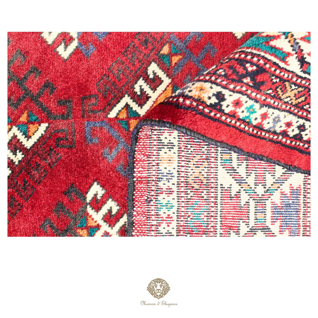 Alfombra persa tradicional de lana Belutch, color rojo | Diseño geométrico nómada, 212 x 332 cm