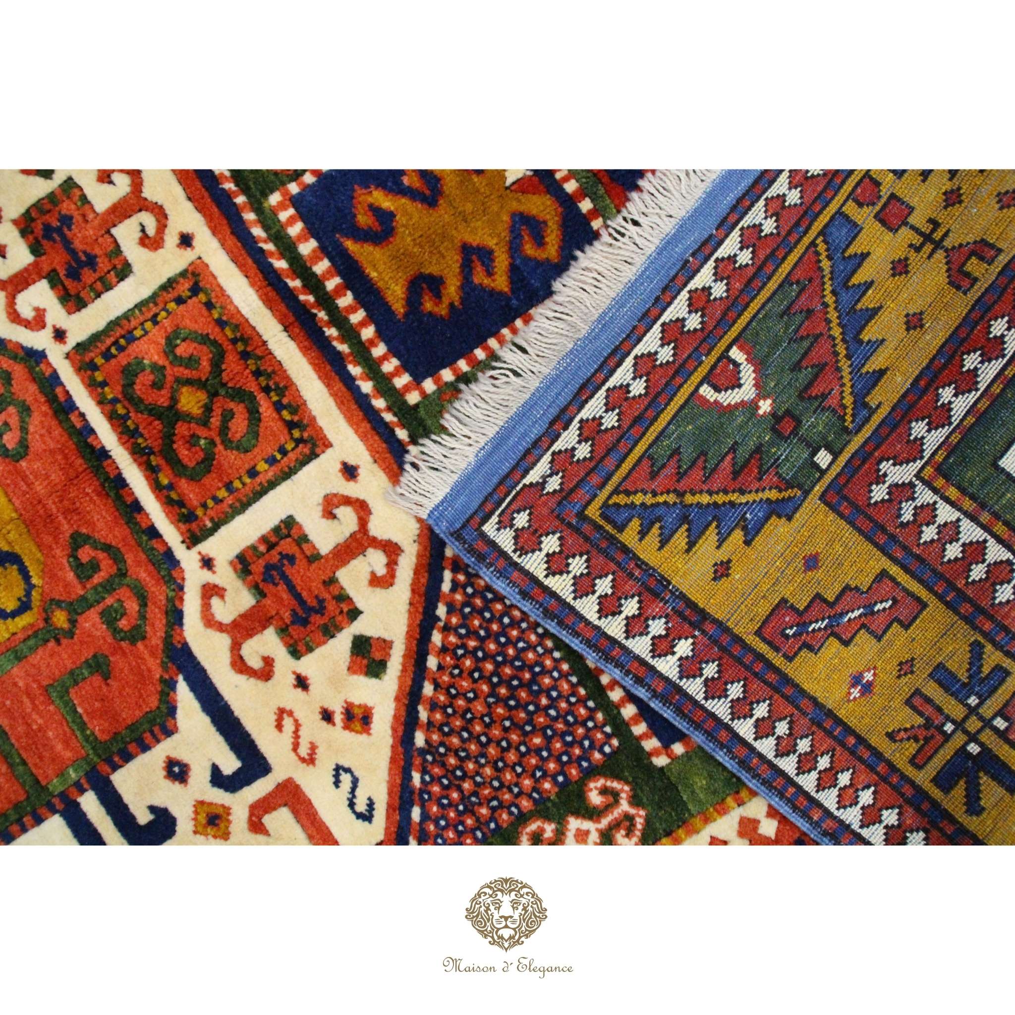 Close-up of a colorful patterned rug with intricate designs.