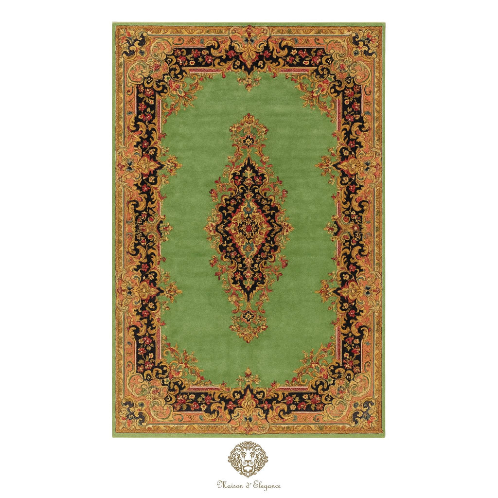 Luxury Handmade Persian Kerman Wool Rug – Green Floral Medallion Design