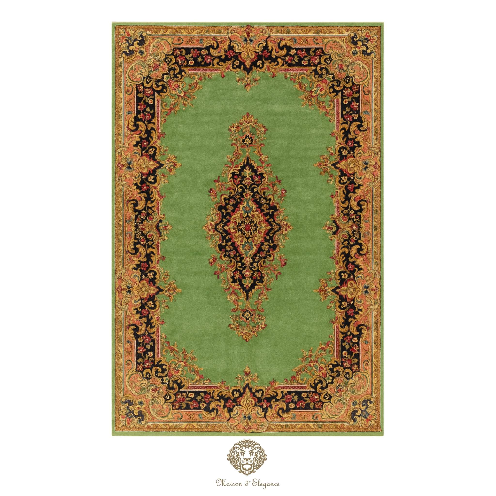 Luxury Handmade Persian Kerman Wool Rug – Green Floral Medallion Design