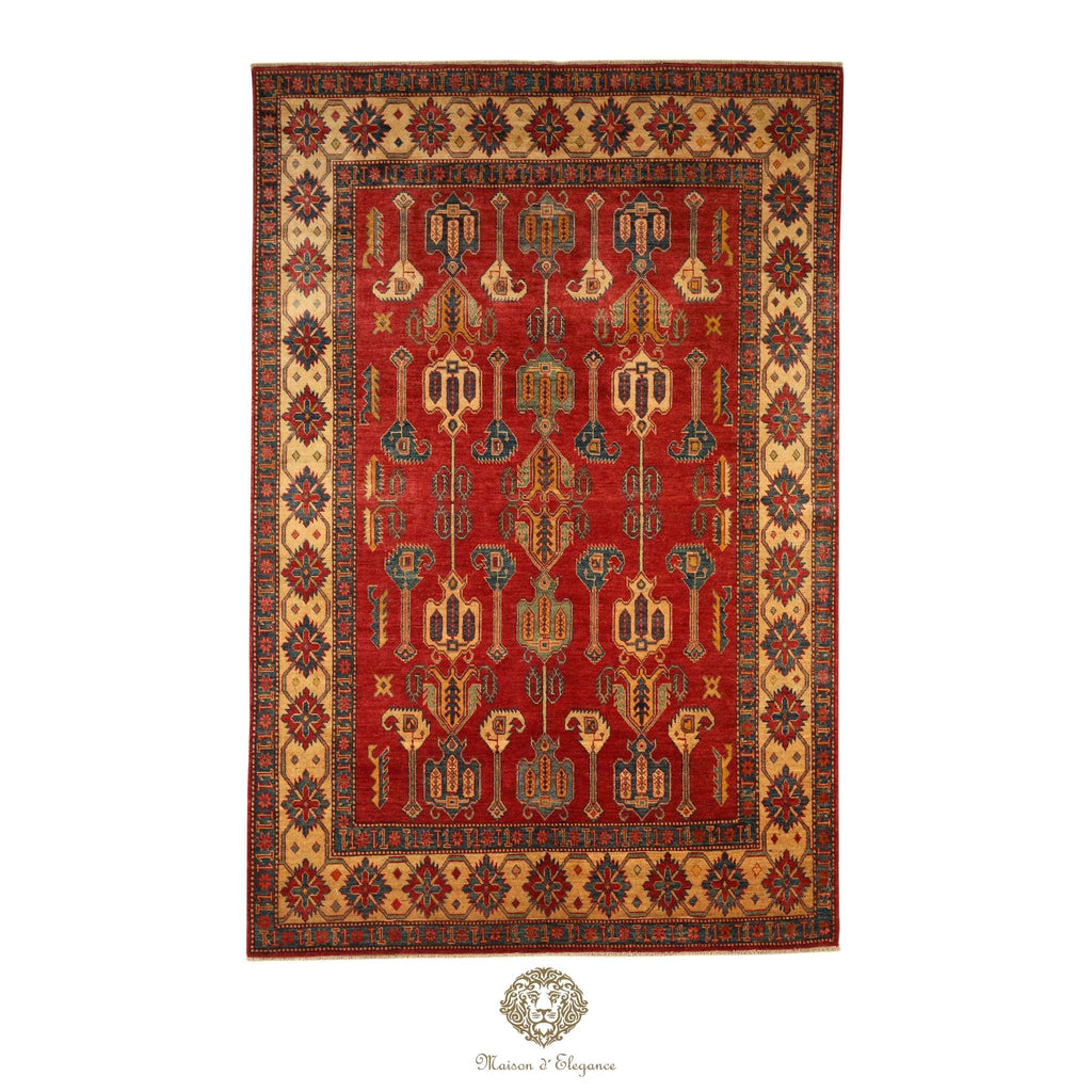 Decorative rug with intricate patterns on a Burgundy background