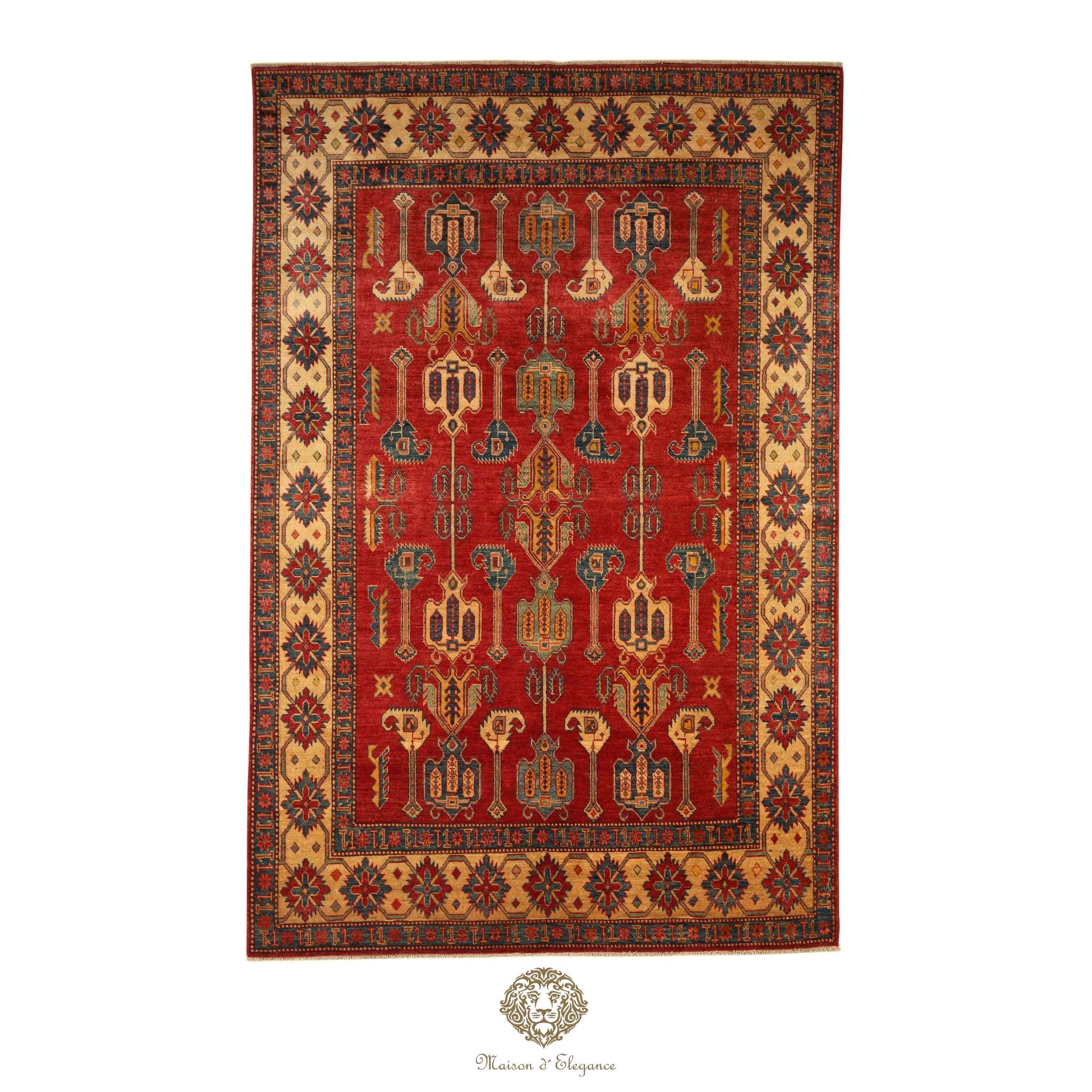 Decorative rug with intricate patterns on a Burgundy background