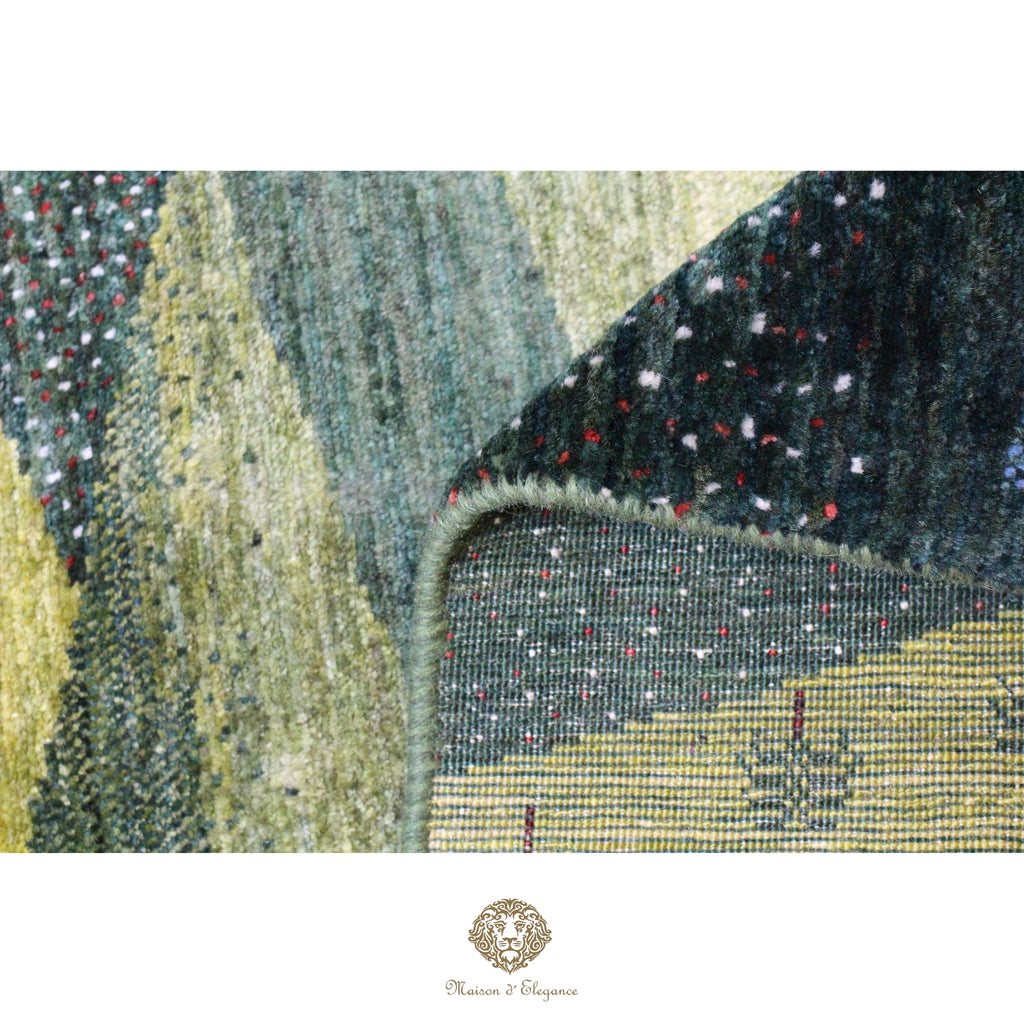 Close-up of a textured fabric with a pattern, featuring a brand logo at the bottom.