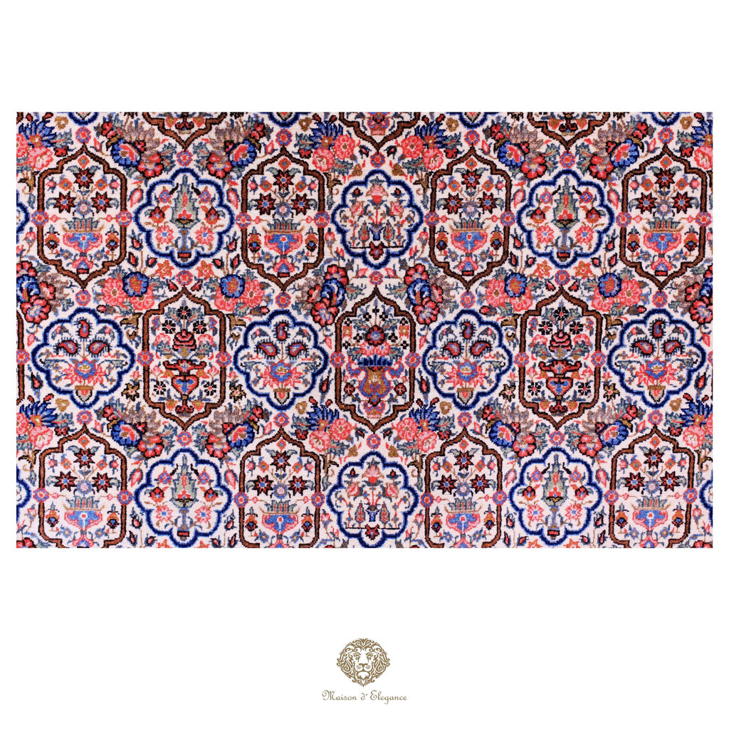 Alfombra persa antigua de lana Qum | Diseño floral integral 218 x 340 cm