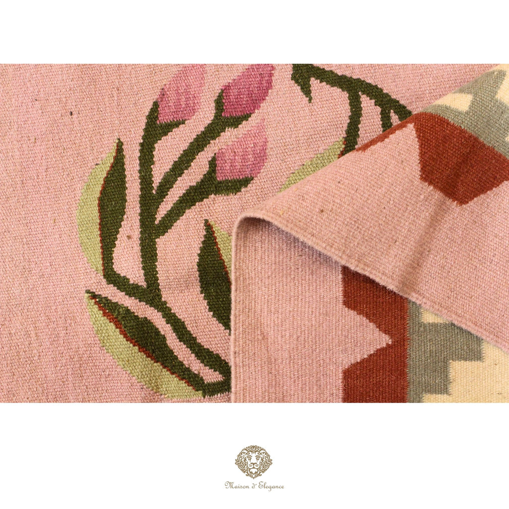 Alfombra Kilim fina, tejido plano, lana color natural | Diseño floral europeo, 274x365 cm Rosa