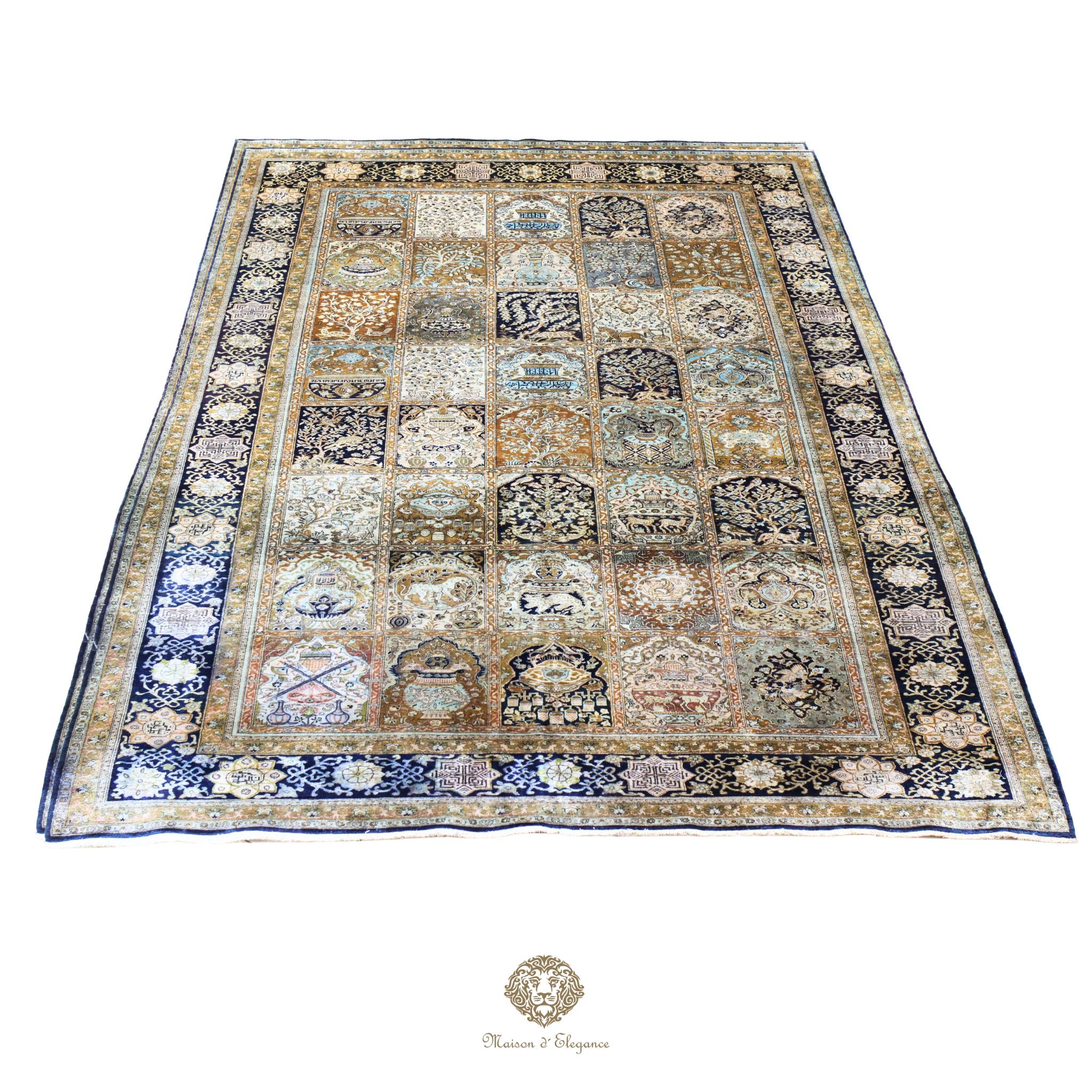 Alfombra persa de seda pura, anudada a mano, teñida con tintes naturales, | obra maestra con diseño floral integral, firmada, 180x300 cm