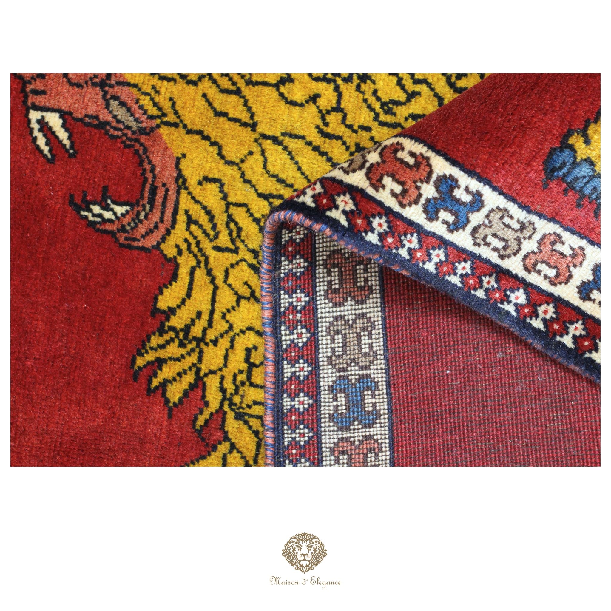 Alfombra persa Yalameh con diseño tribal de león, teñida con tintes naturales | Hecha a mano, 89 x 136 cm
