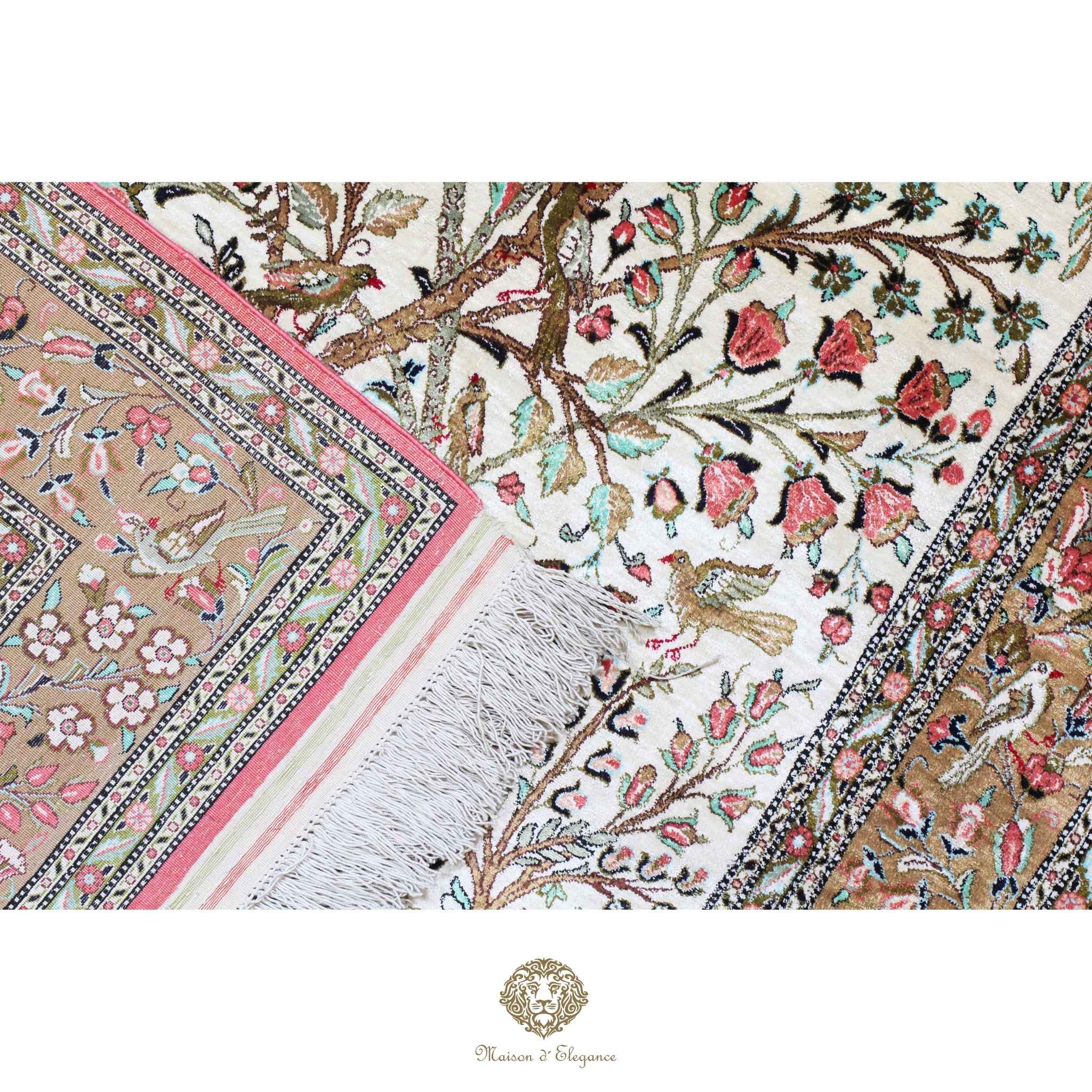 Alfombra persa exclusiva de seda pura - Obra maestra anudada a mano con tintes naturales, firmada, 106 x 156 cm, diseño del árbol de la vida