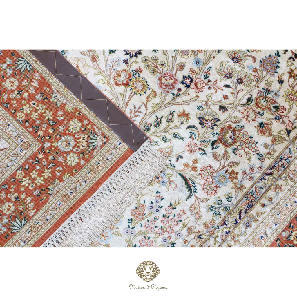 Alfombra persa exclusiva de seda pura - Obra maestra anudada a mano con tintes naturales, firmada, 101 x 155 cm, diseño de oración floral