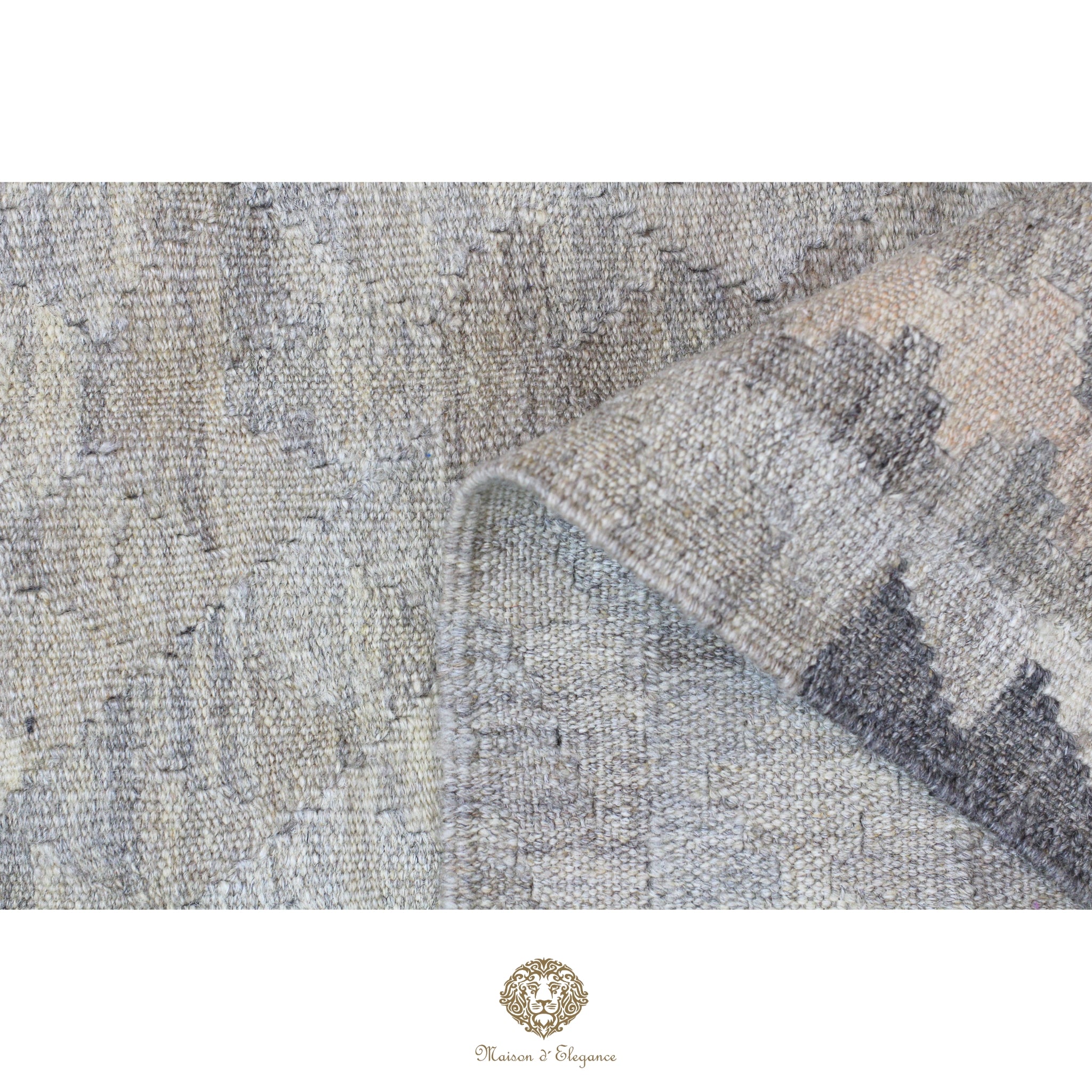 Close-up of a textured fabric with geometric pattern, brand logo visible.