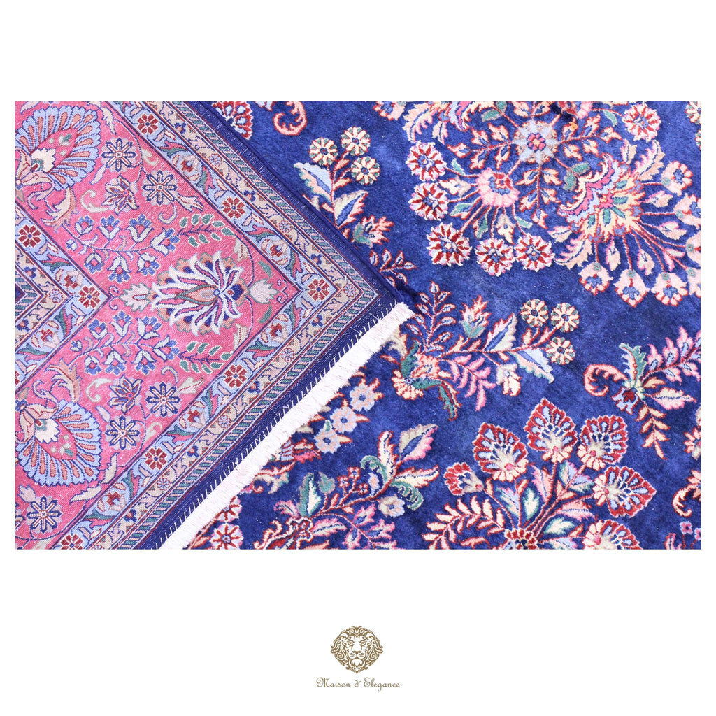 Alfombra de lana estilo KSarough de la India | Alfombra oriental con diseño floral integral en tonos azul marino 238 x 302 cm
