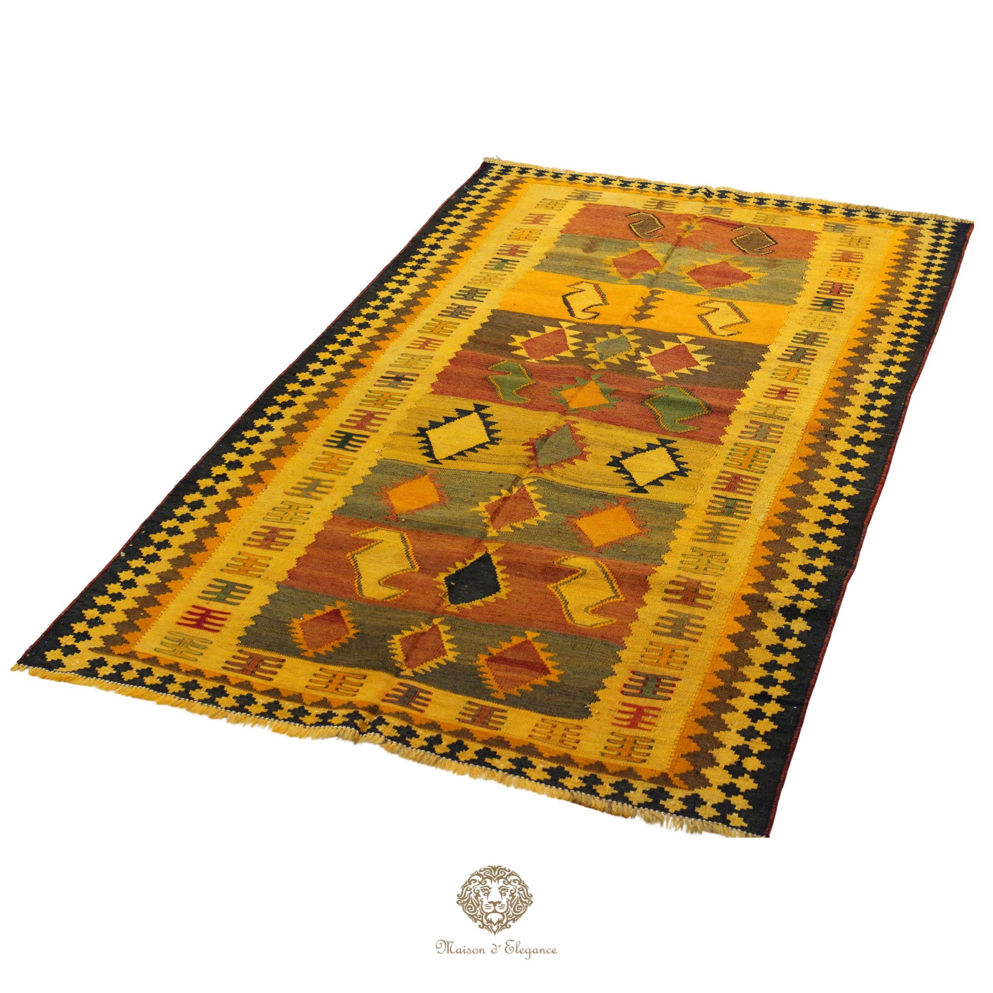 Traditional patterned rug with geometric design on a white background