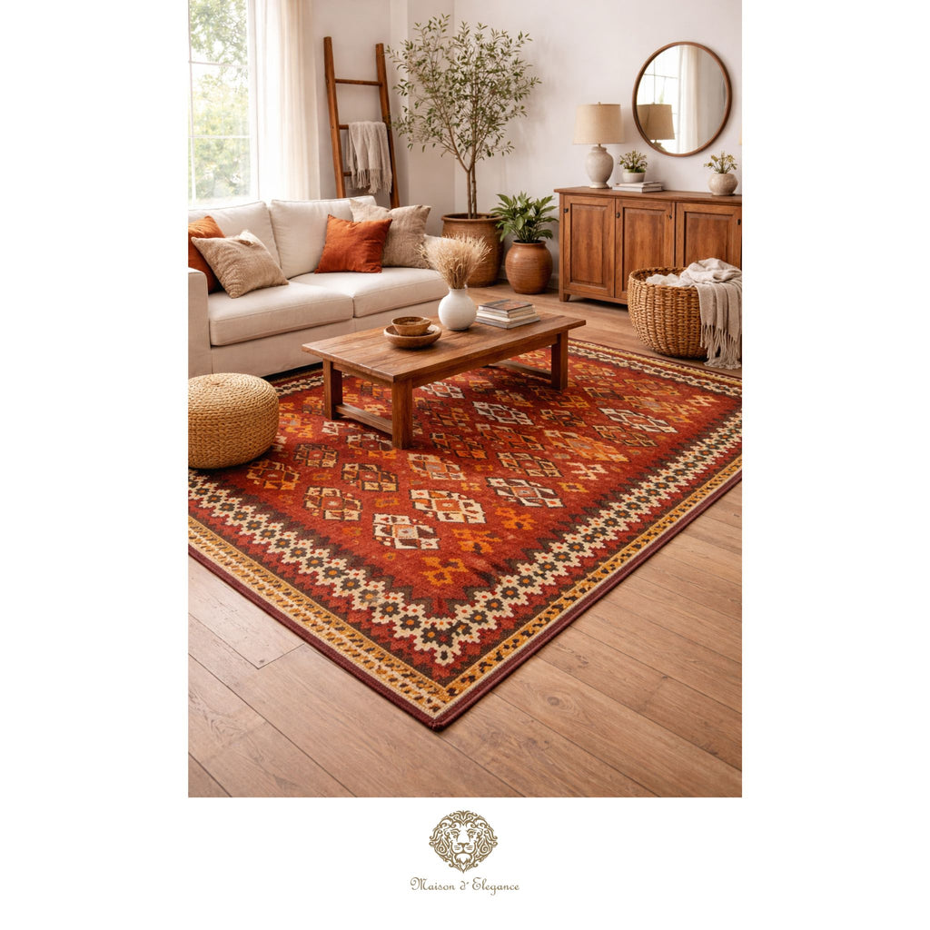 Living room with a patterned red rug, wooden coffee table, and beige sofa.