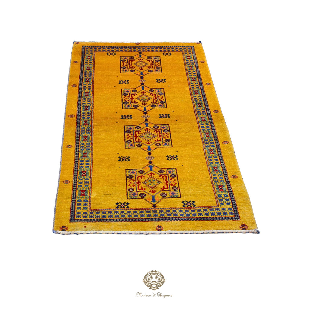 Alfombra persa Kashkuli amarilla tribal | Gabbeh de lana hecha a mano 87 x 160 cm