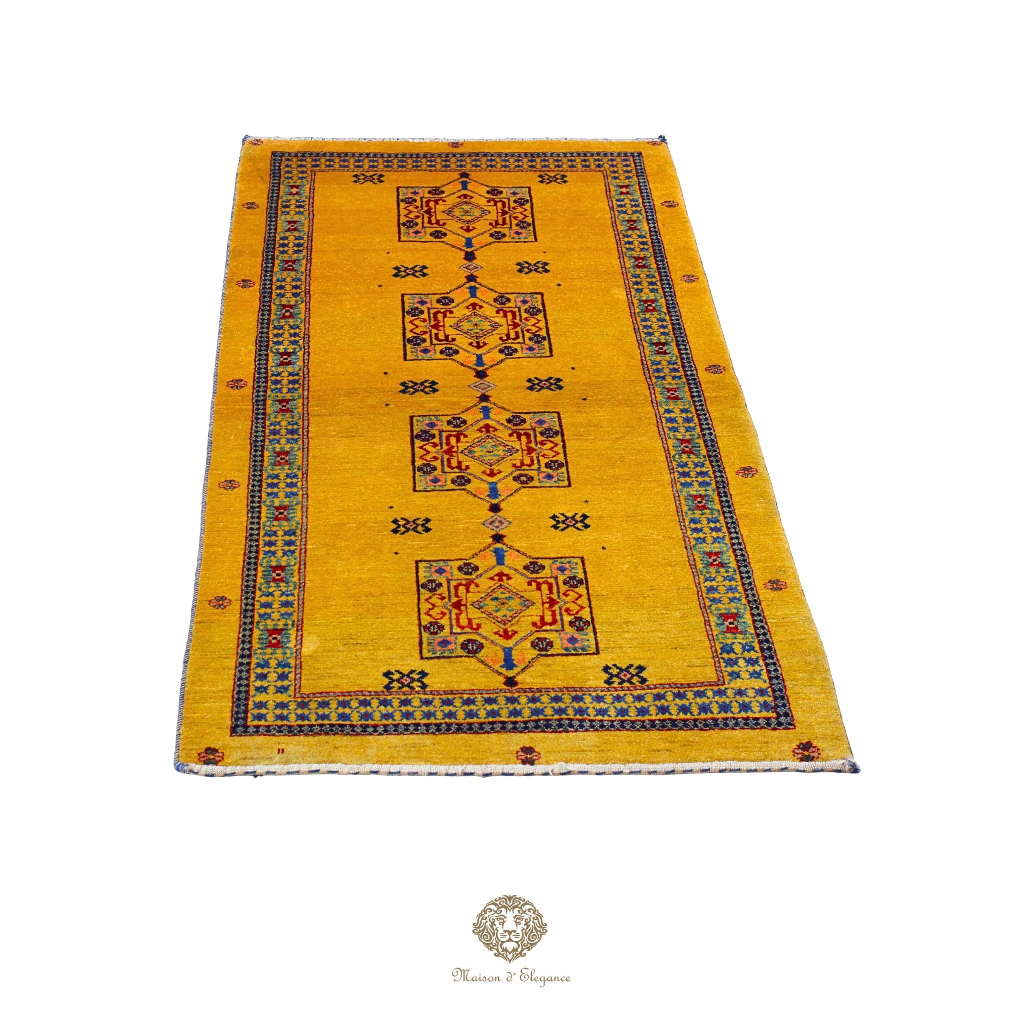 Alfombra persa Kashkuli amarilla tribal | Gabbeh de lana hecha a mano 87 x 160 cm