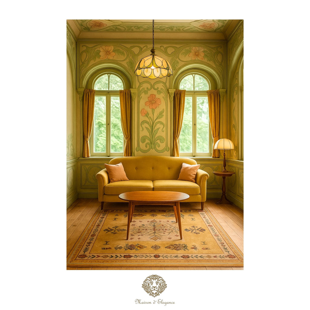 Vintage-style living room with yellow sofa, wooden coffee table, and decorative rug.