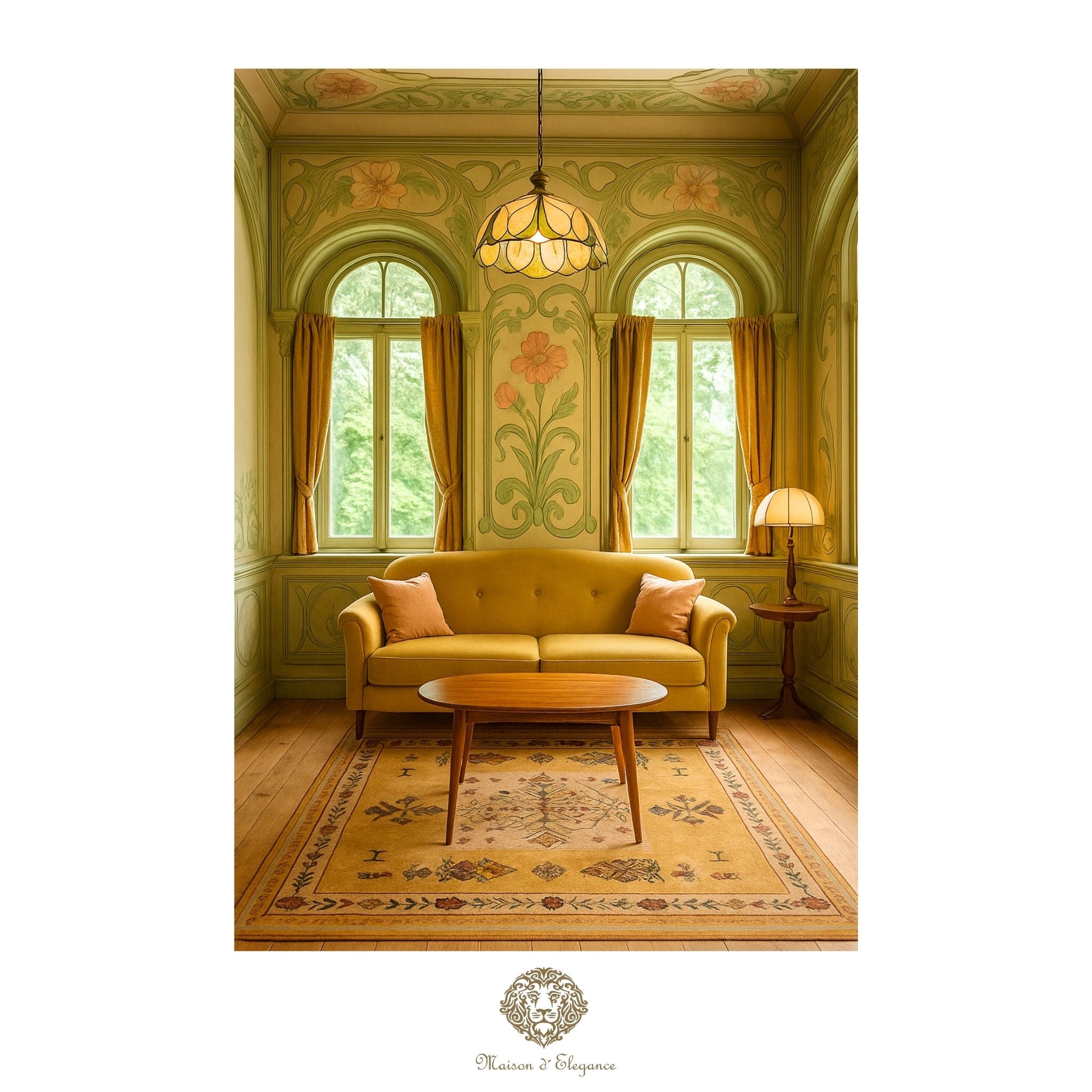 Vintage-style living room with yellow sofa, wooden coffee table, and decorative rug.