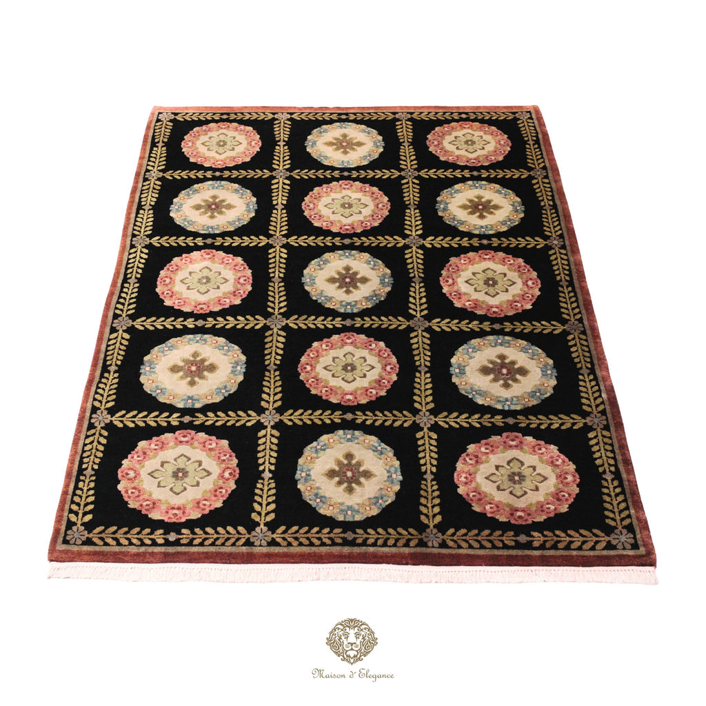 Alfombra nepalí, fina alfombra oriental. Diseño Art nouveau en tonos negros | Lana 187 x 285 cm